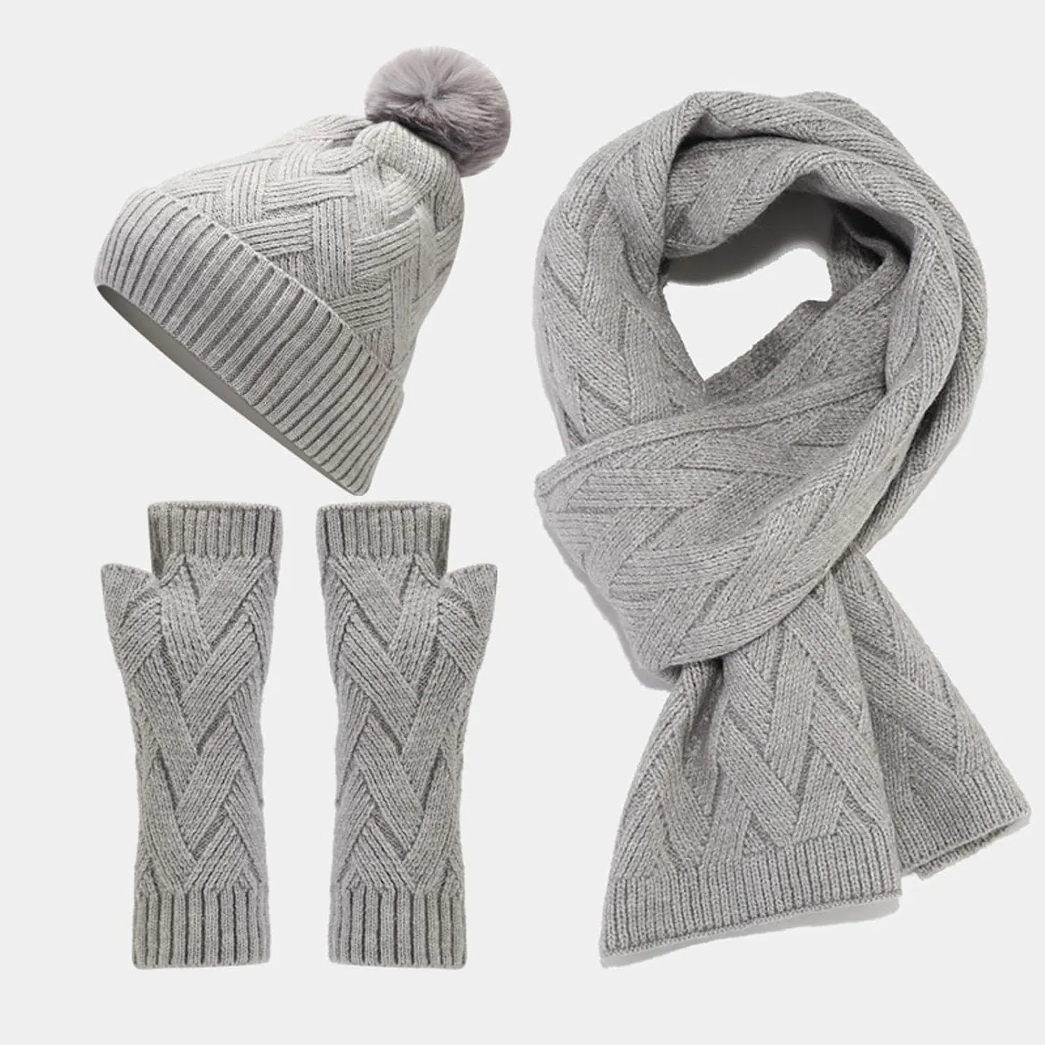 3 in 1 Set Women Men Beanie Scarf Gloves Set Fleece Lined Pom Pom Beanie Warm Knit Long Scarf Gloves for Cold Weather