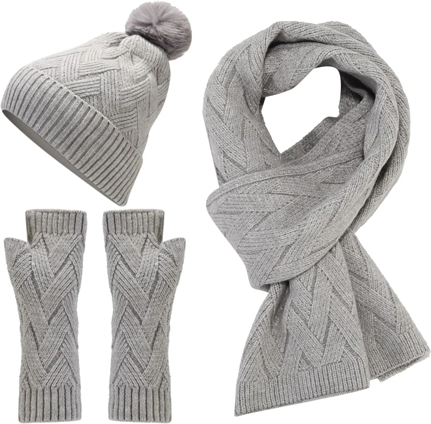 3 in 1 Set Women Men Beanie Scarf Gloves Set Fleece Lined Pom Pom Beanie Warm Knit Long Scarf Gloves for Cold Weather