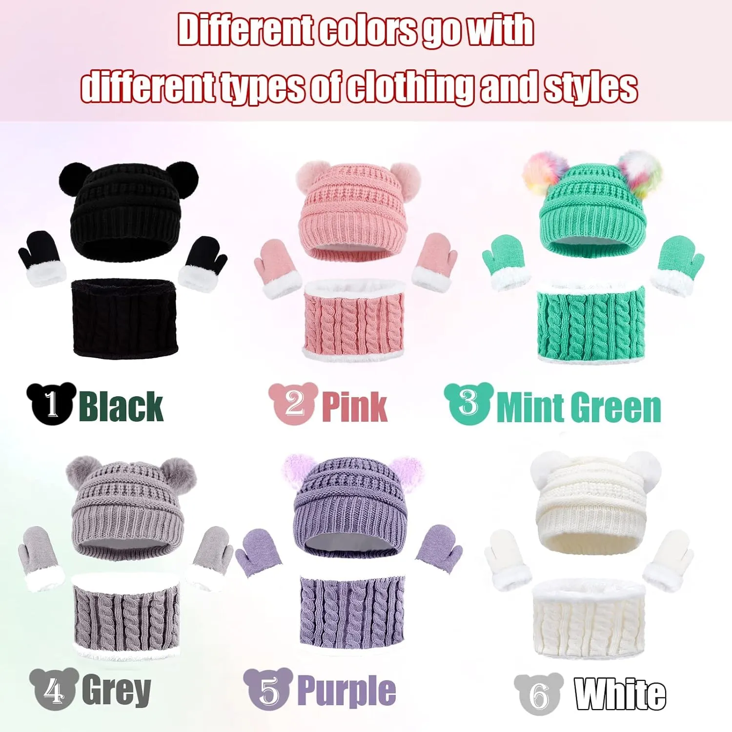 3 Pcs Kids Winter Knitted Beanie Hat Scarf Gloves Set Pompoms Knitted Beanie Mitten Scarves Fleece Lined for Toddler Girl Boy
