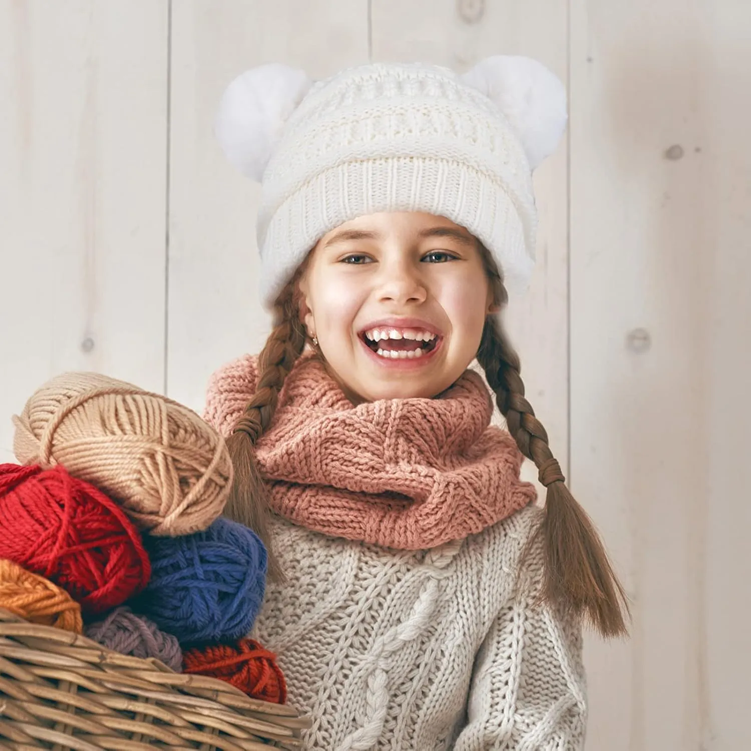 3 Pcs Kids Winter Knitted Beanie Hat Scarf Gloves Set Pompoms Knitted Beanie Mitten Scarves Fleece Lined for Toddler Girl Boy