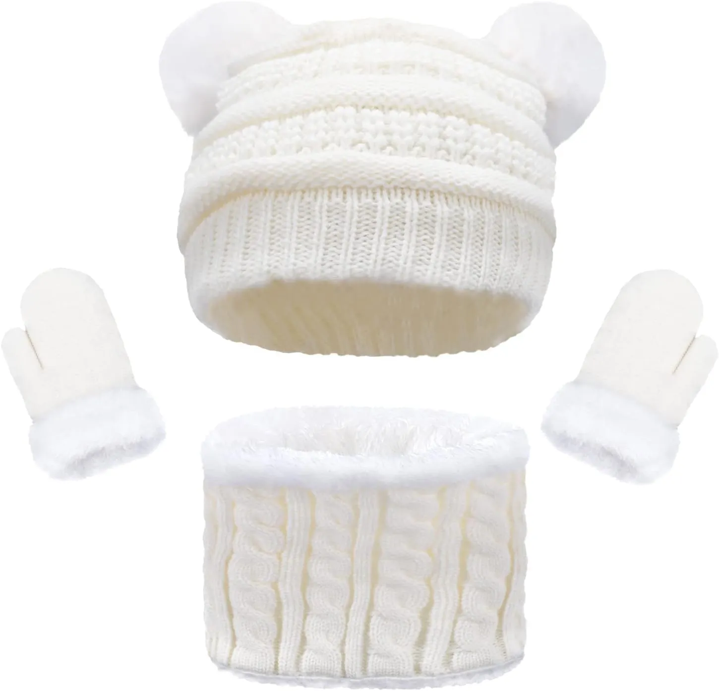 3 Pcs Kids Winter Knitted Beanie Hat Scarf Gloves Set Pompoms Knitted Beanie Mitten Scarves Fleece Lined for Toddler Girl Boy