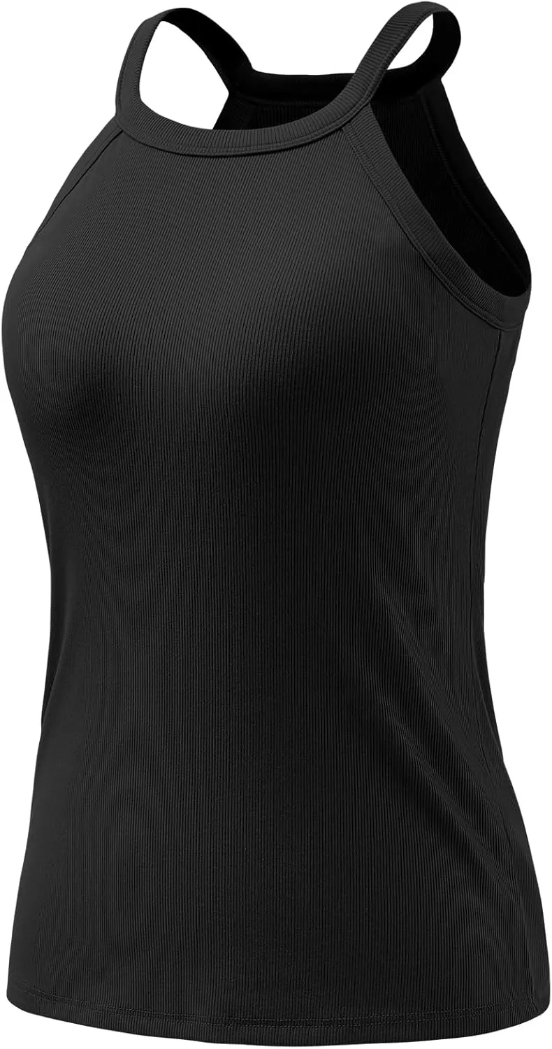Air Curvey Tank Tops for Women Ribbed Halter Tops with Build in Bra Casual Summer Sleeveless Tank 2025