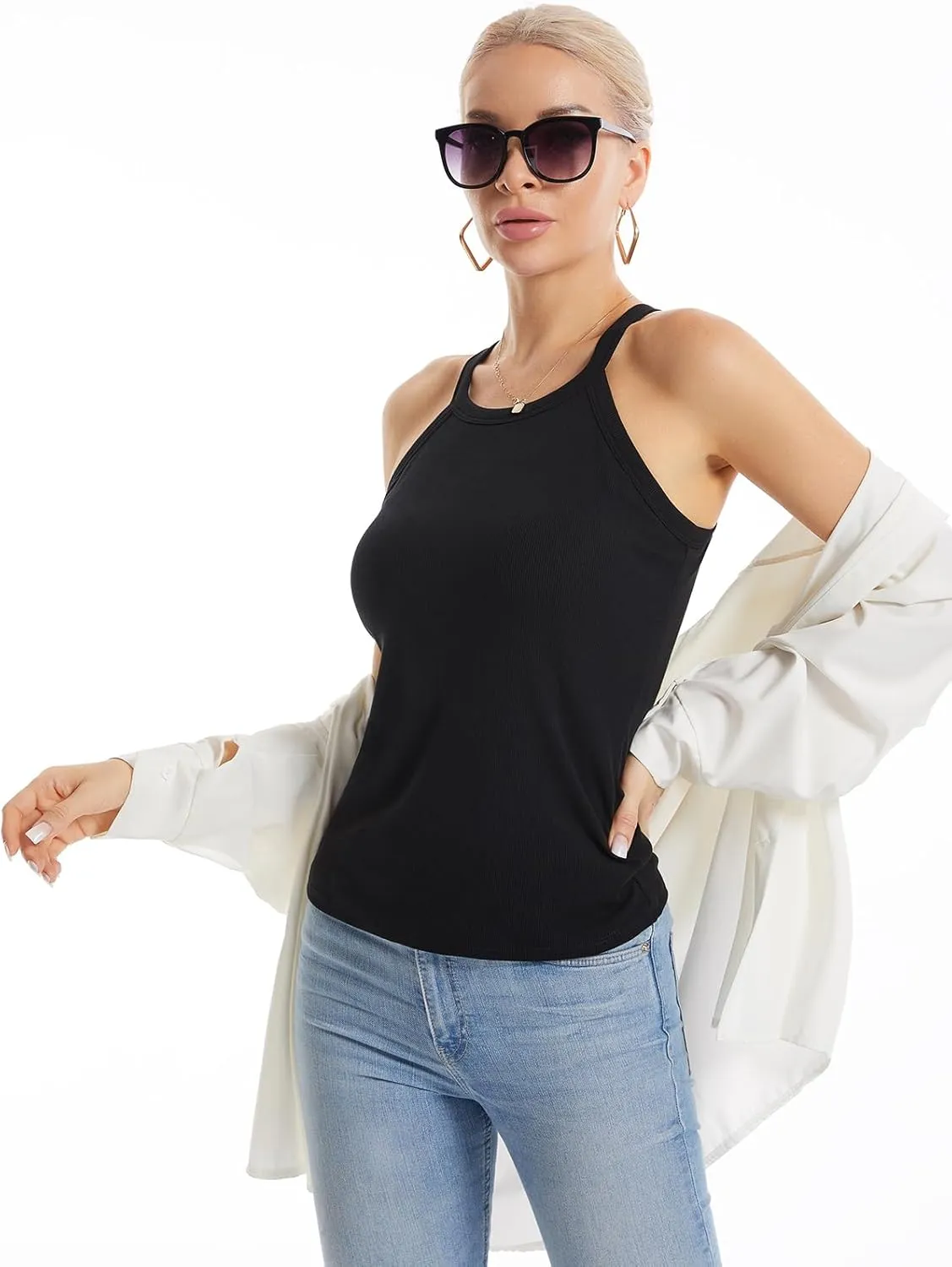 Air Curvey Tank Tops for Women Ribbed Halter Tops with Build in Bra Casual Summer Sleeveless Tank 2025
