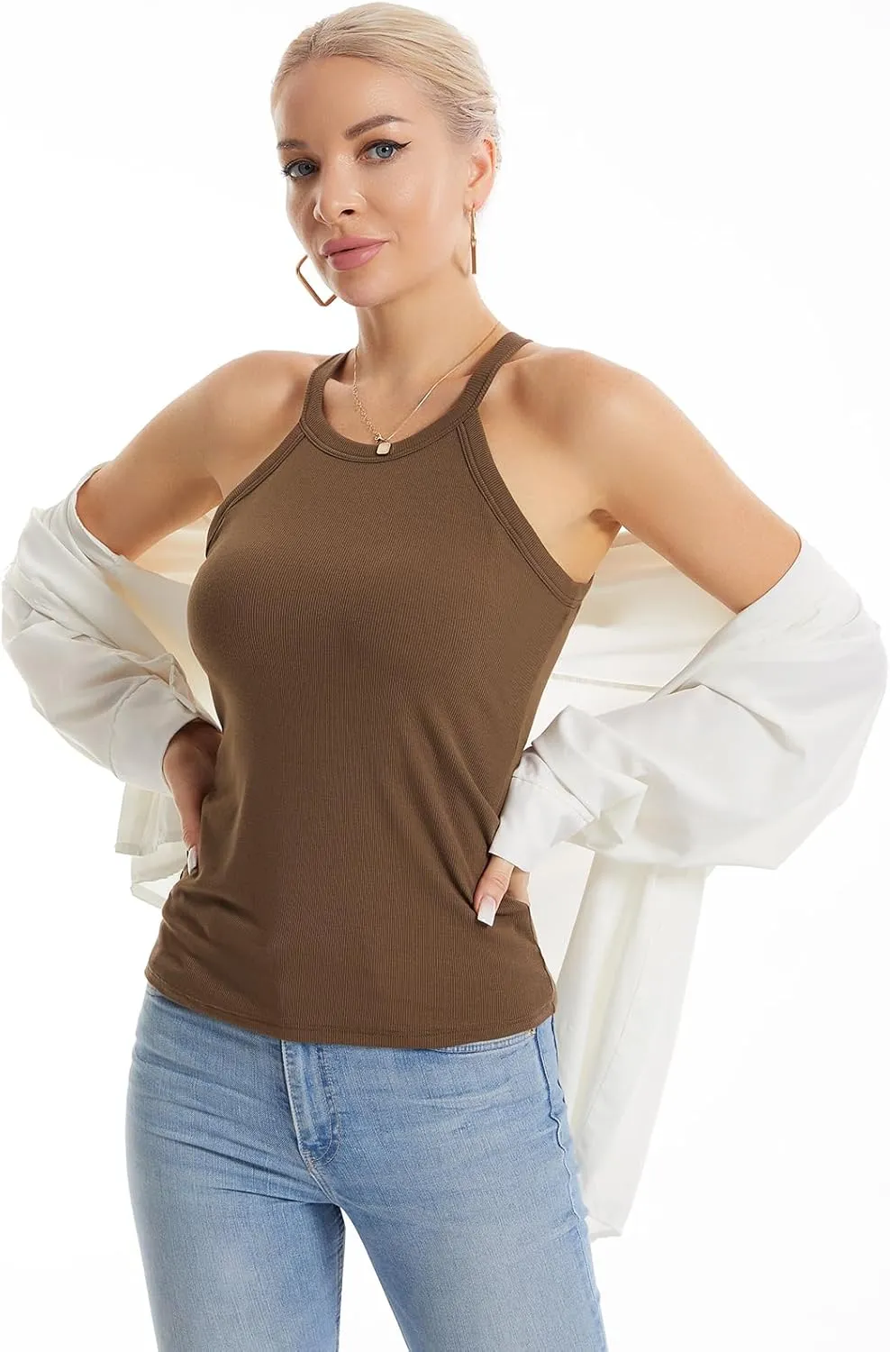 Air Curvey Tank Tops for Women Ribbed Halter Tops with Build in Bra Casual Summer Sleeveless Tank 2025