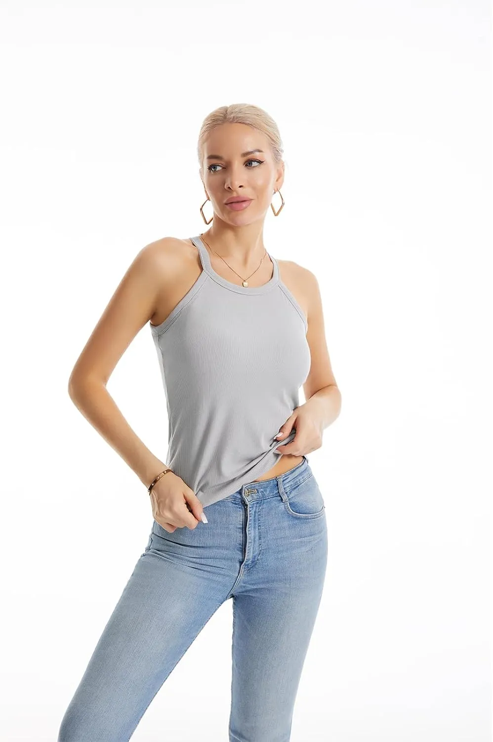 Air Curvey Tank Tops for Women Ribbed Halter Tops with Build in Bra Casual Summer Sleeveless Tank 2025
