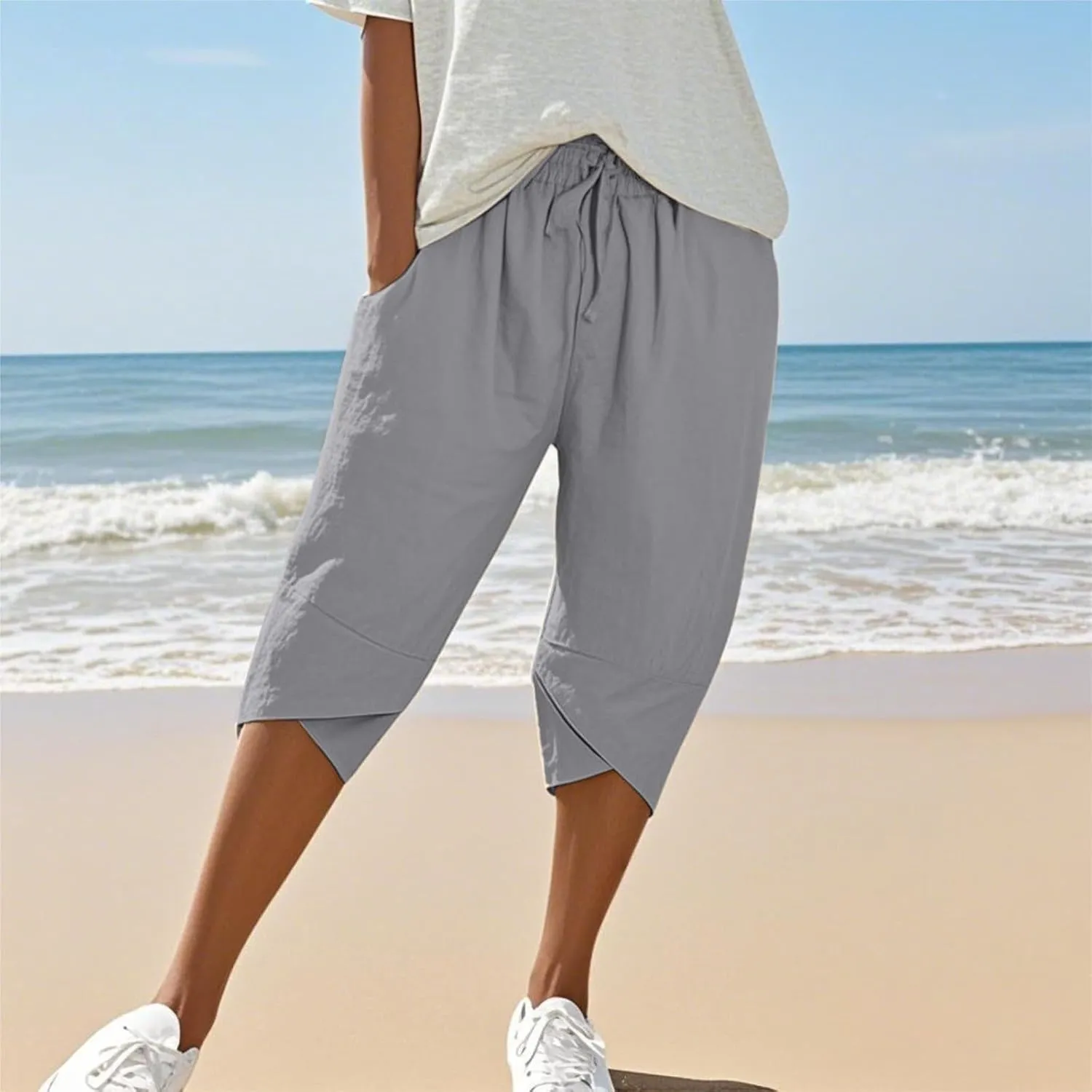 Bermuda Shorts for Women Wide Leg Linen Knee Length Summer Casual Long Shorts Loose High Waisted Capri with Pockets