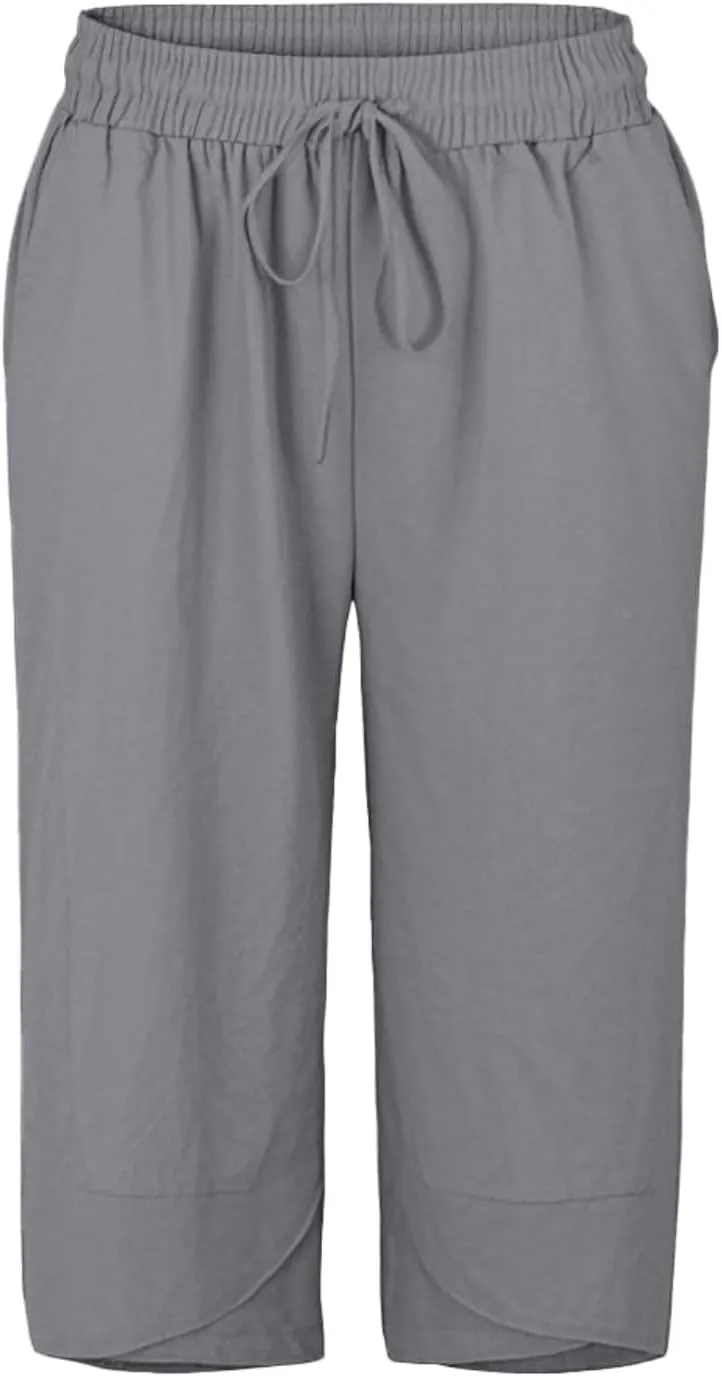 Bermuda Shorts for Women Wide Leg Linen Knee Length Summer Casual Long Shorts Loose High Waisted Capri with Pockets