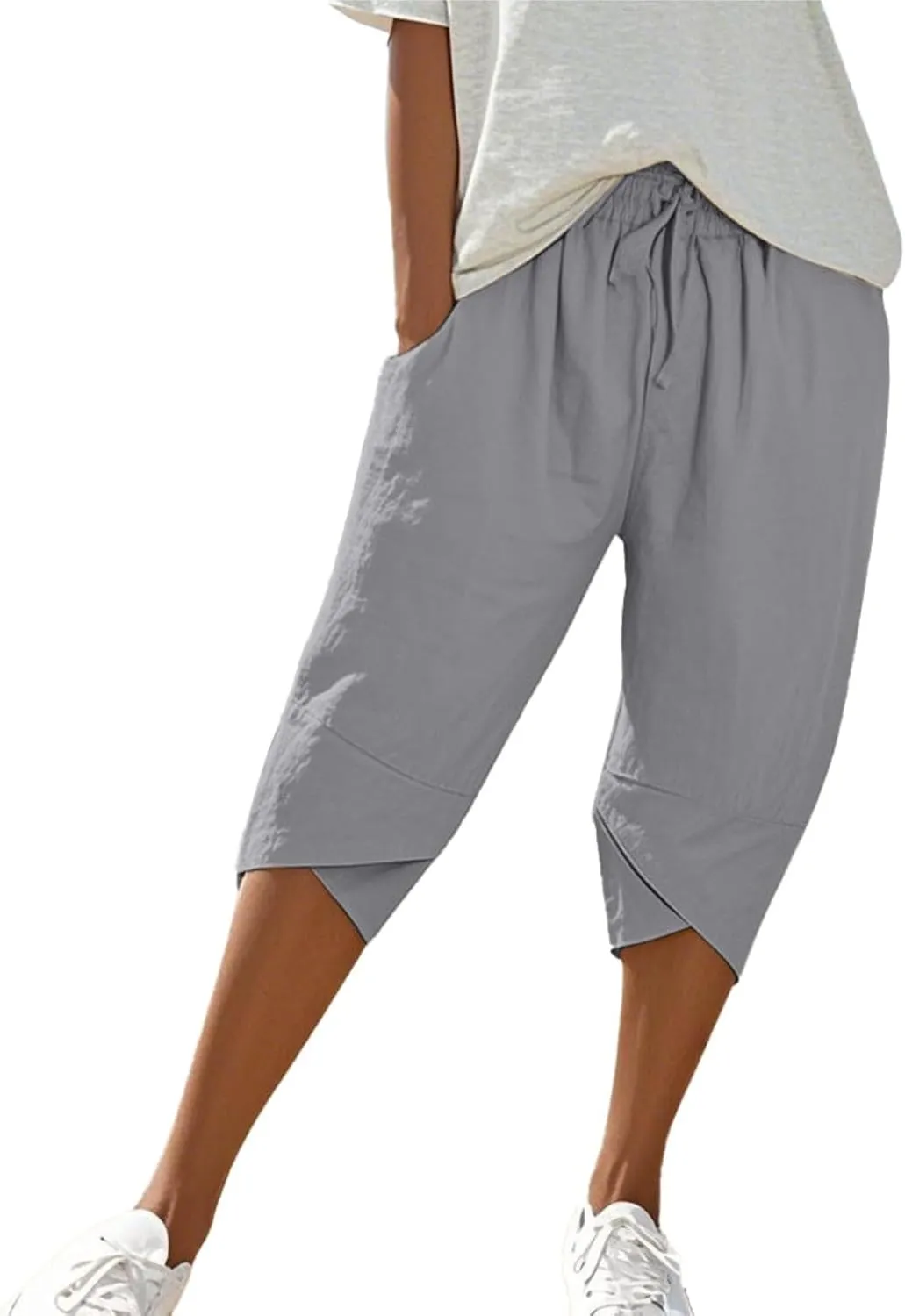 Bermuda Shorts for Women Wide Leg Linen Knee Length Summer Casual Long Shorts Loose High Waisted Capri with Pockets