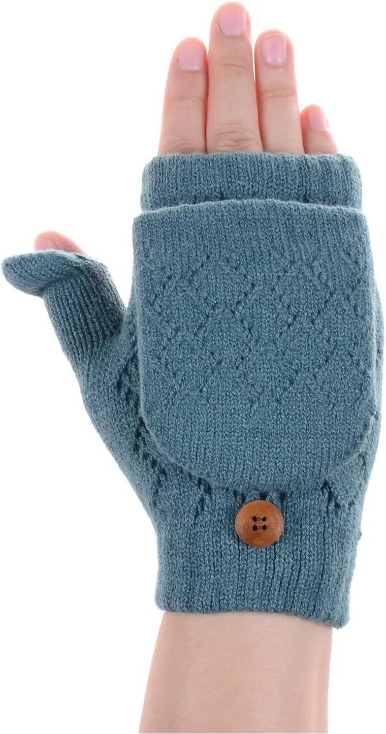 BYOS Women's Winter Cozy Diamond Pattern Fleece Lined Flip Top Convertible Knit Gloves Mittens