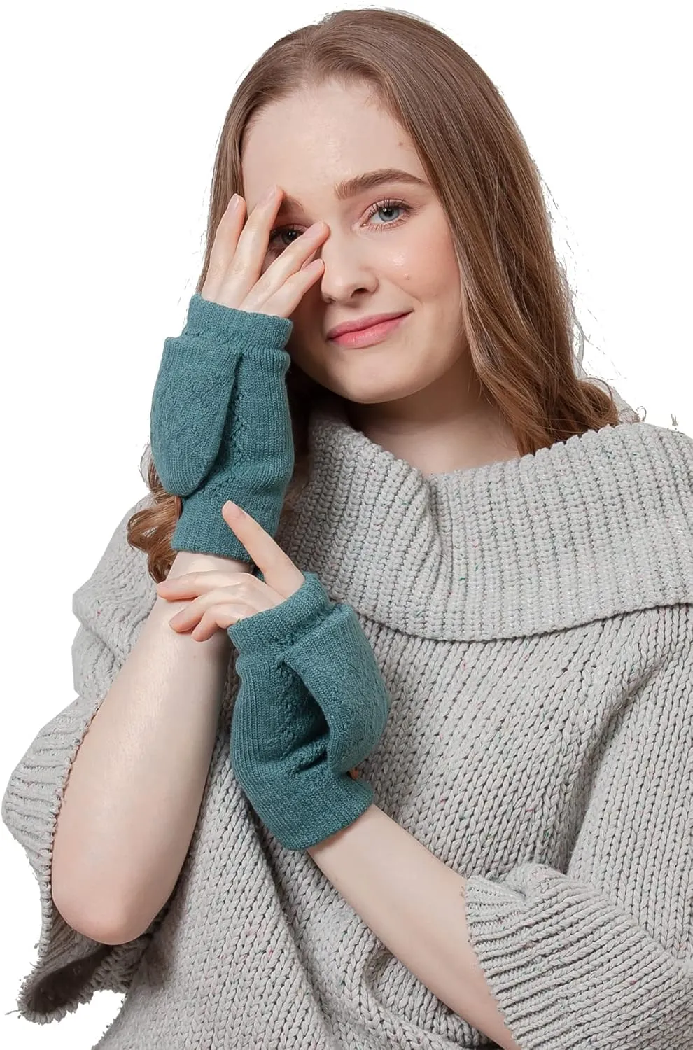 BYOS Women's Winter Cozy Diamond Pattern Fleece Lined Flip Top Convertible Knit Gloves Mittens