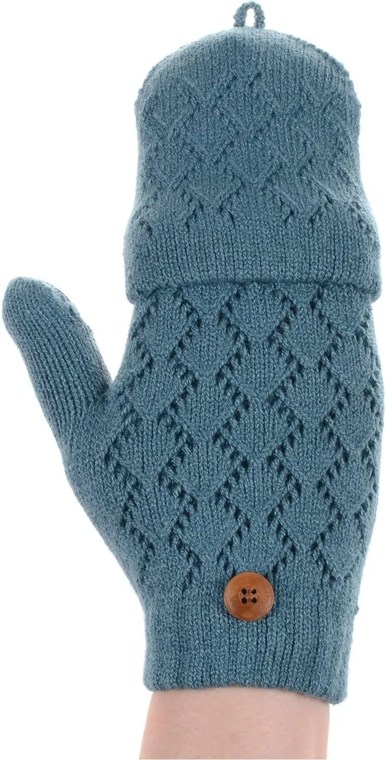 BYOS Women's Winter Cozy Diamond Pattern Fleece Lined Flip Top Convertible Knit Gloves Mittens