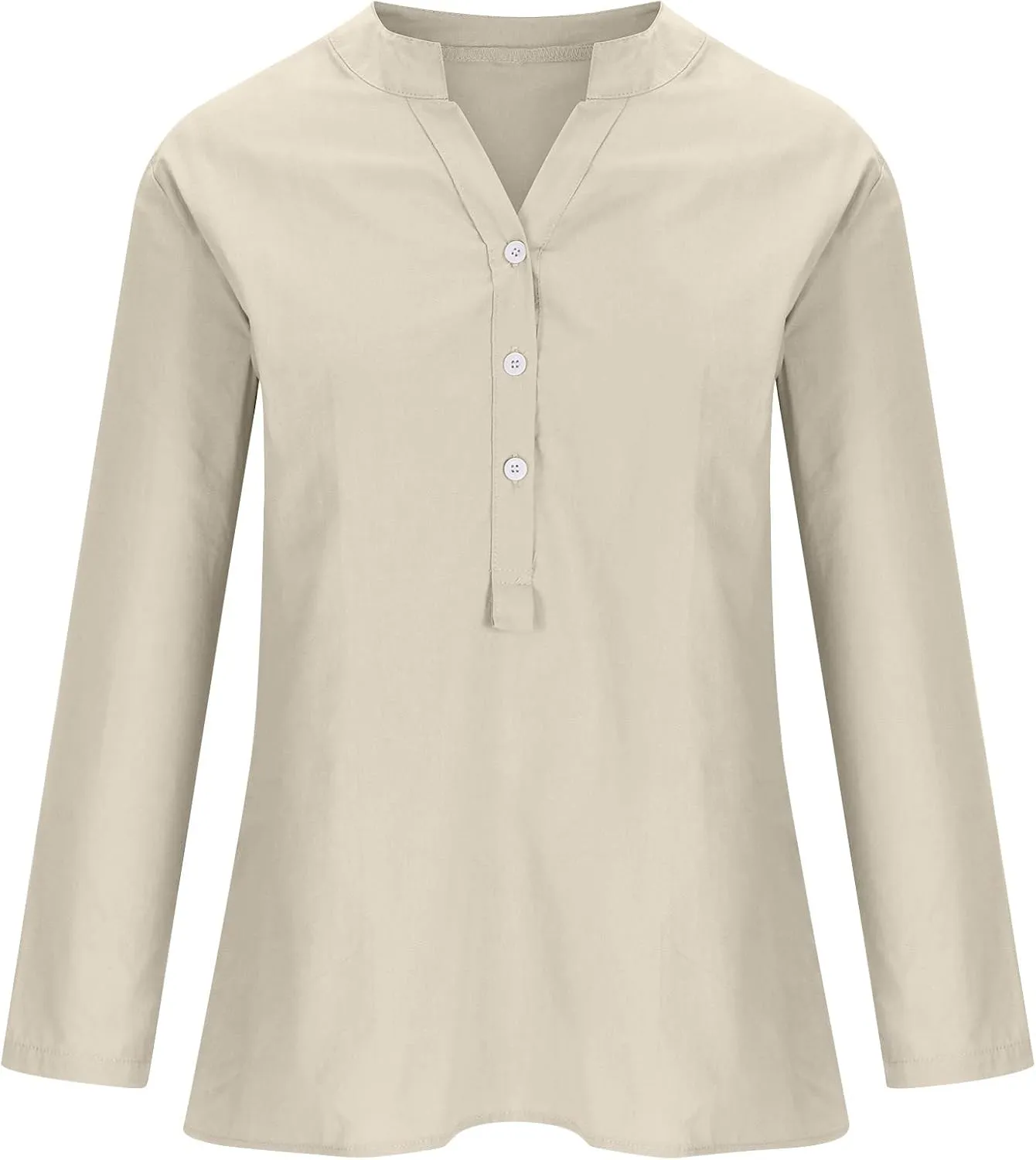Casual Linen Blouses for Women Long Sleeve V Neck Button Up Shirts Comfy Loose Tunics Blouses Ladies Linen Blouse Top
