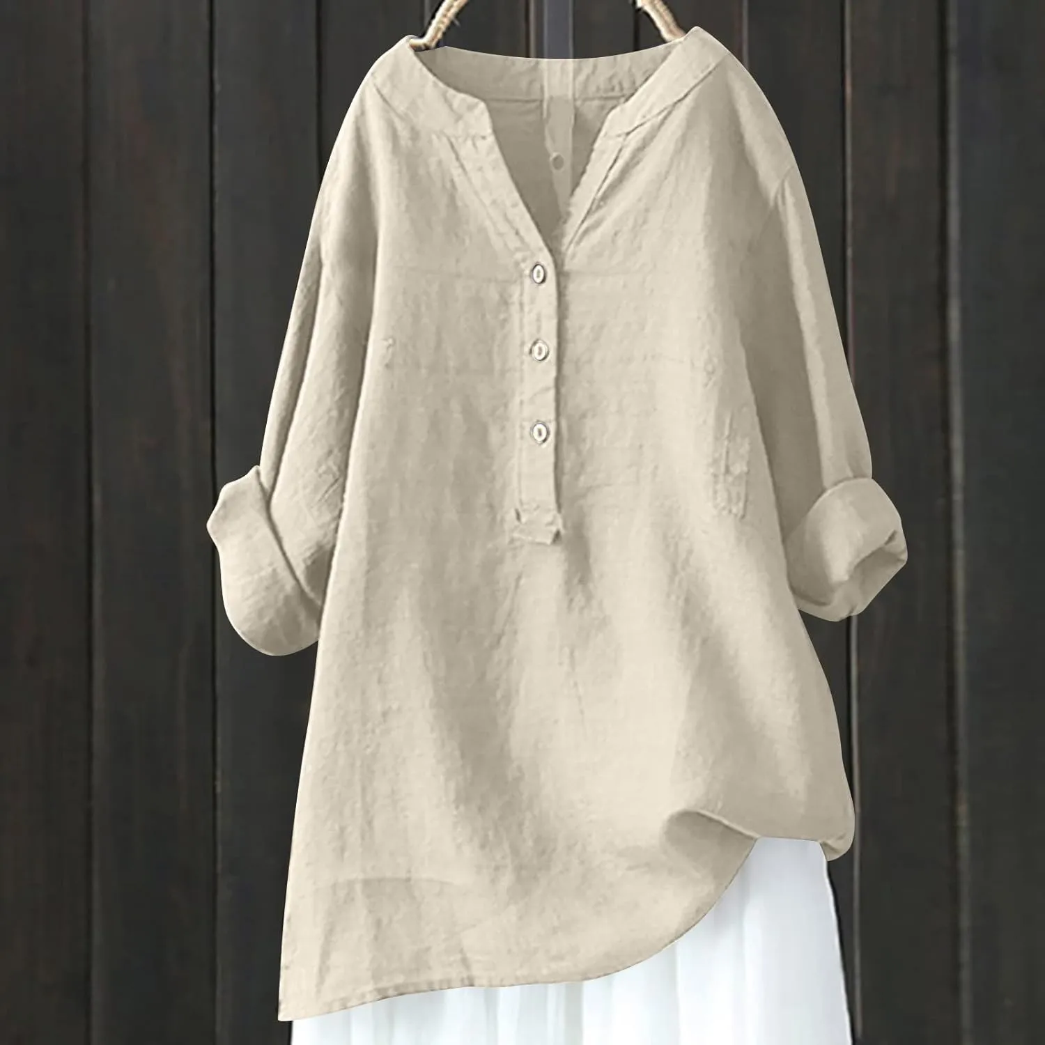 Casual Linen Blouses for Women Long Sleeve V Neck Button Up Shirts Comfy Loose Tunics Blouses Ladies Linen Blouse Top
