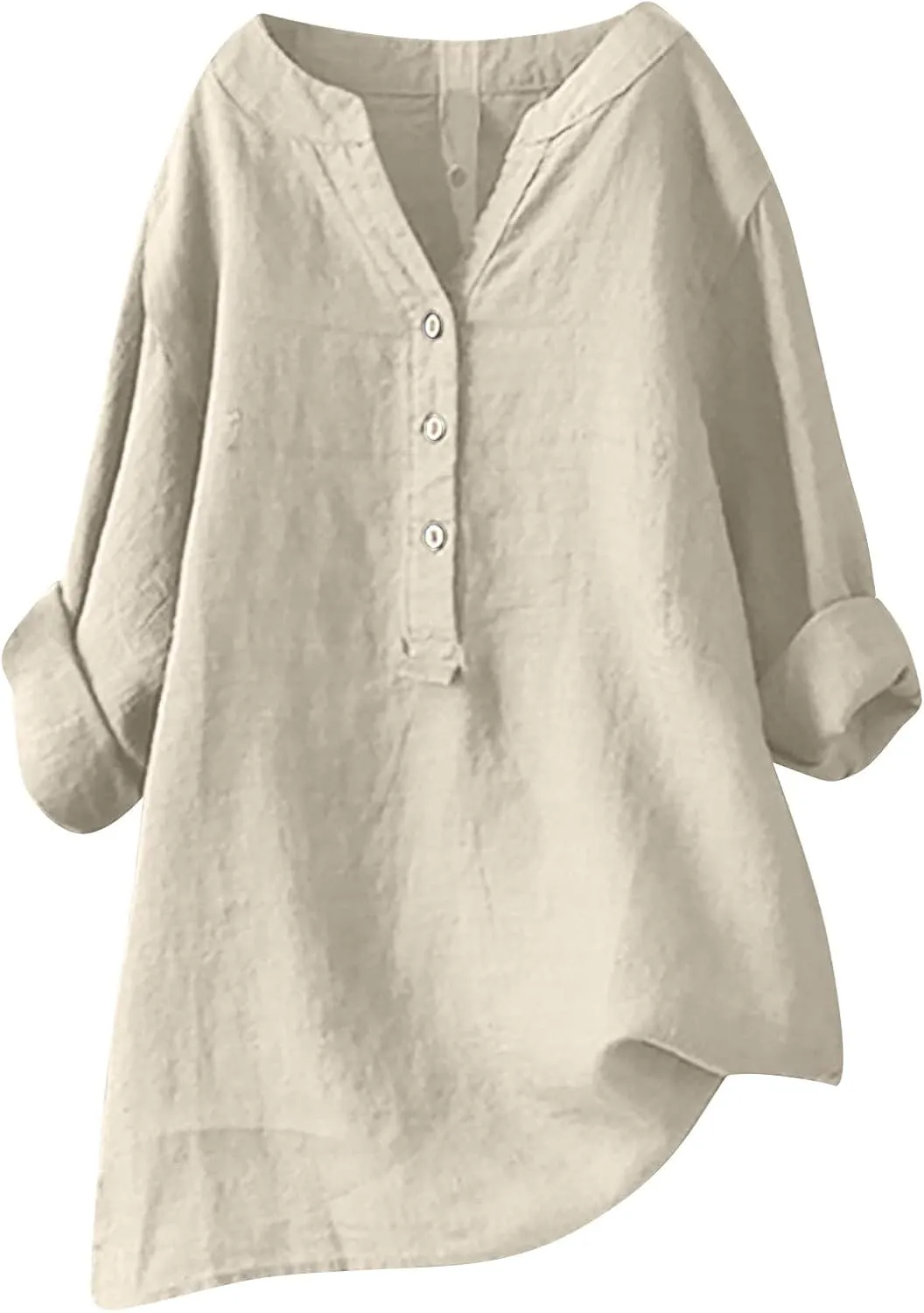 Casual Linen Blouses for Women Long Sleeve V Neck Button Up Shirts Comfy Loose Tunics Blouses Ladies Linen Blouse Top