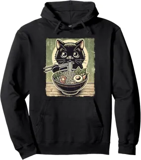 Cat Ramen Graphic Tee Japanese Kawaii Anime Cat Eating Ramen Pullover Hoodie