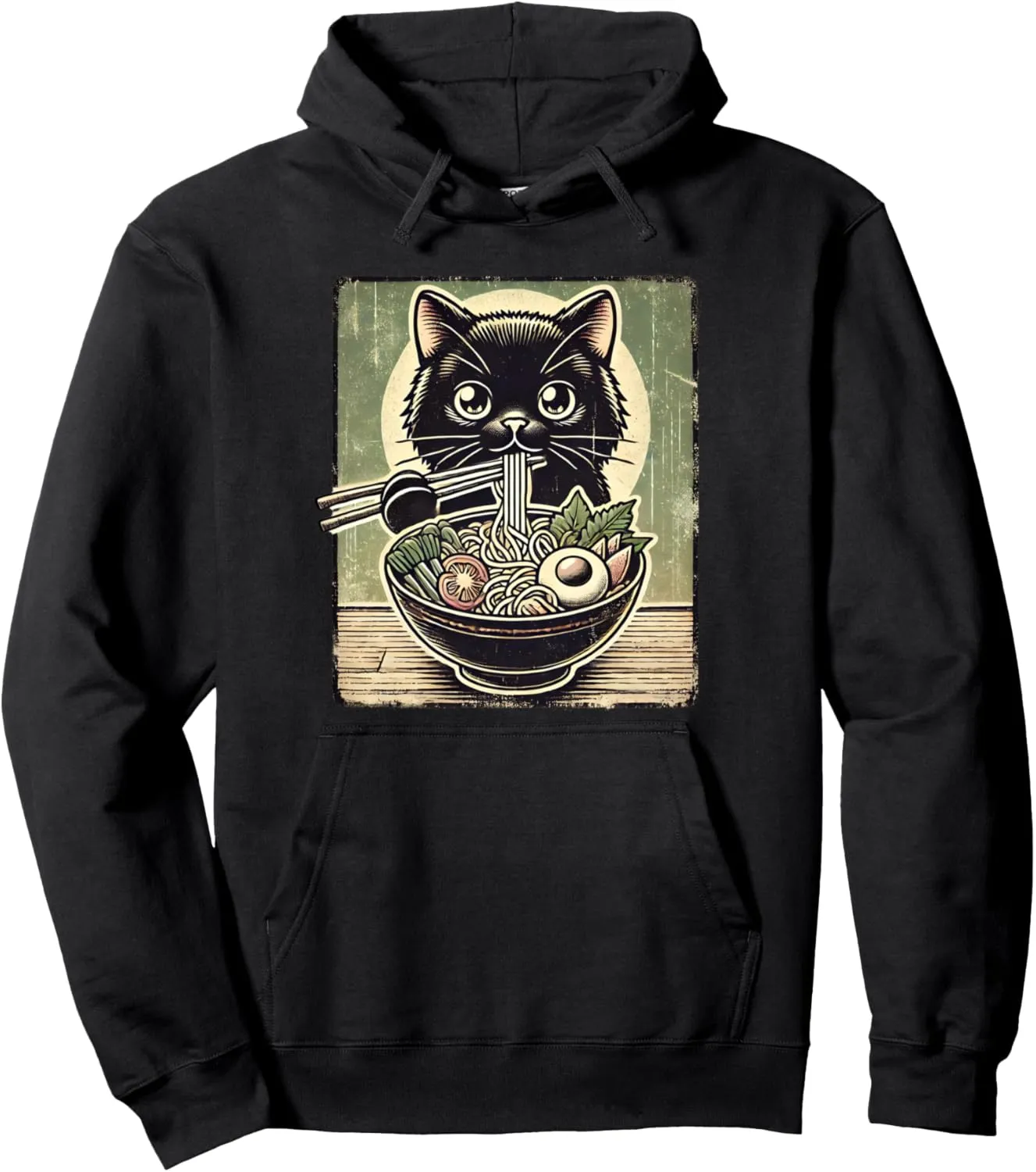 Cat Ramen Graphic Tee Japanese Kawaii Anime Cat Eating Ramen Pullover Hoodie
