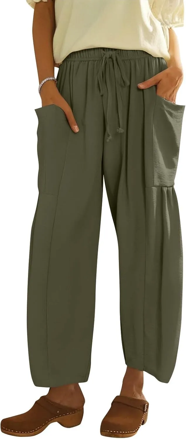 Cotton Linen Pants Women Capri Wide Leg Pants Palazzo Lounge Pant Drawstring Summer Beach Harem Pant with Pockets