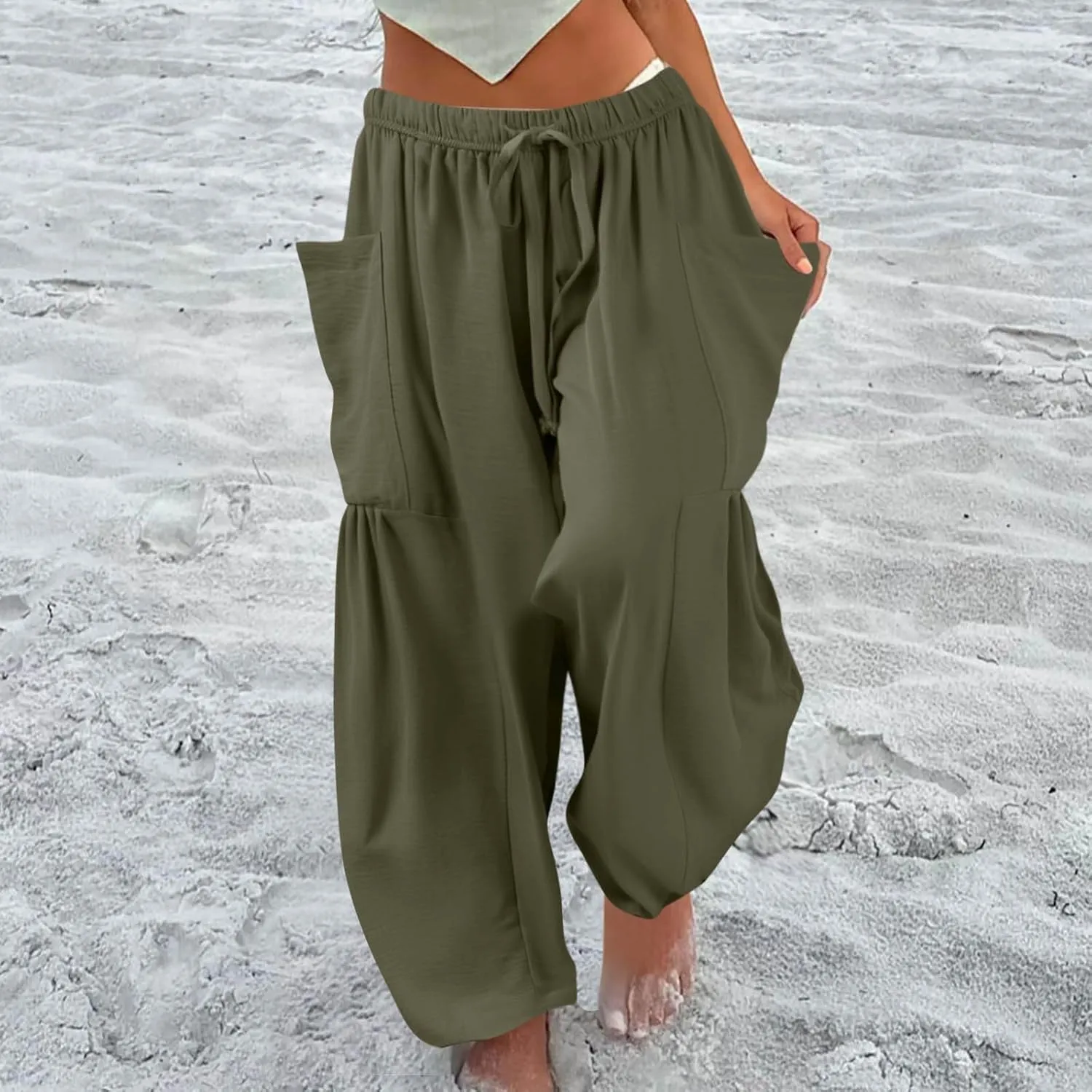 Cotton Linen Pants Women Capri Wide Leg Pants Palazzo Lounge Pant Drawstring Summer Beach Harem Pant with Pockets