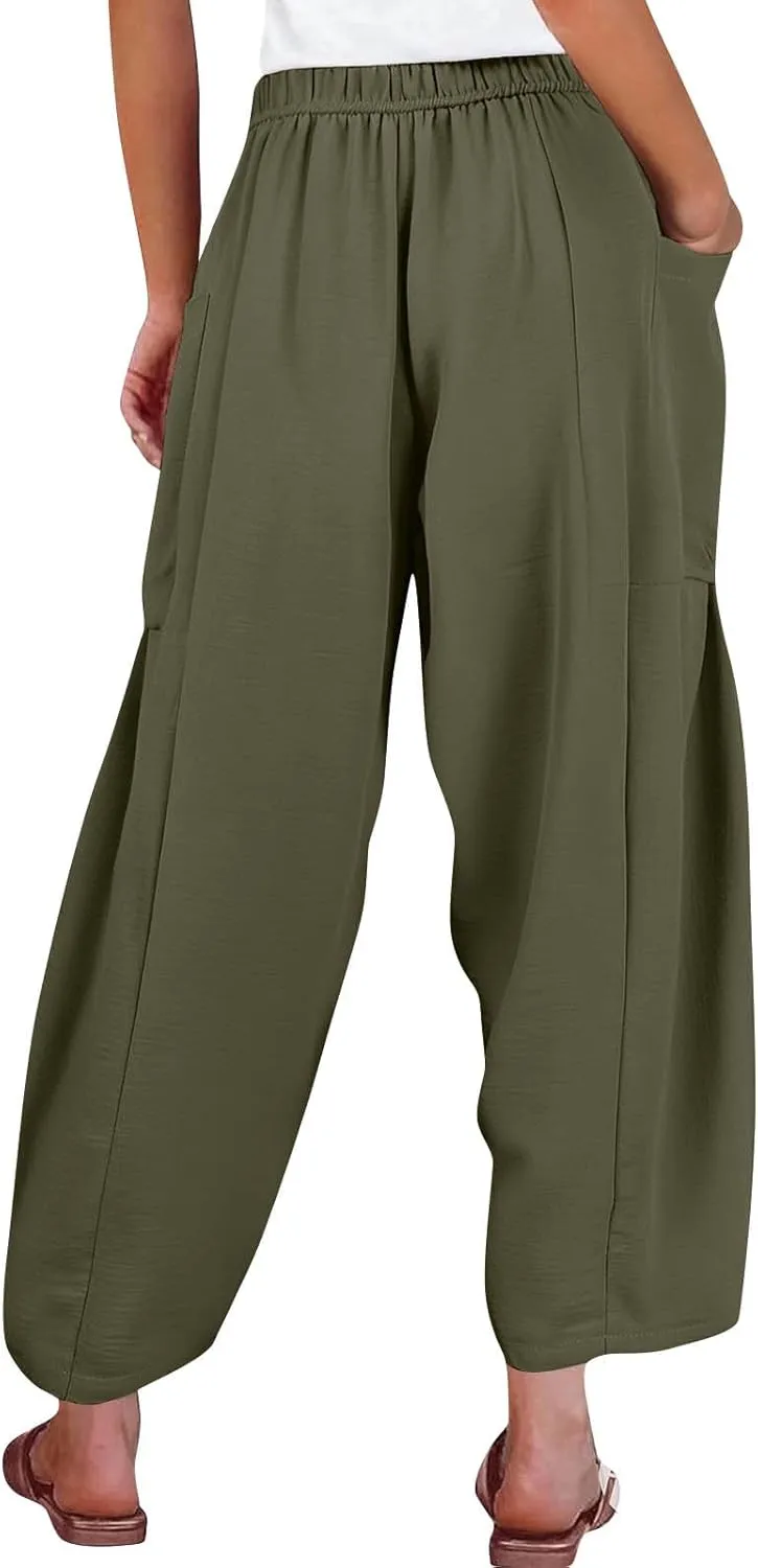 Cotton Linen Pants Women Capri Wide Leg Pants Palazzo Lounge Pant Drawstring Summer Beach Harem Pant with Pockets