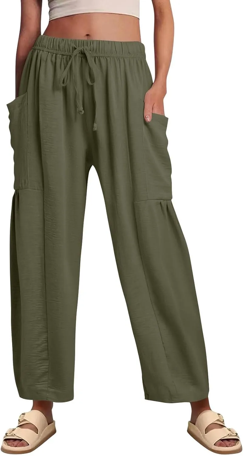 Cotton Linen Pants Women Capri Wide Leg Pants Palazzo Lounge Pant Drawstring Summer Beach Harem Pant with Pockets
