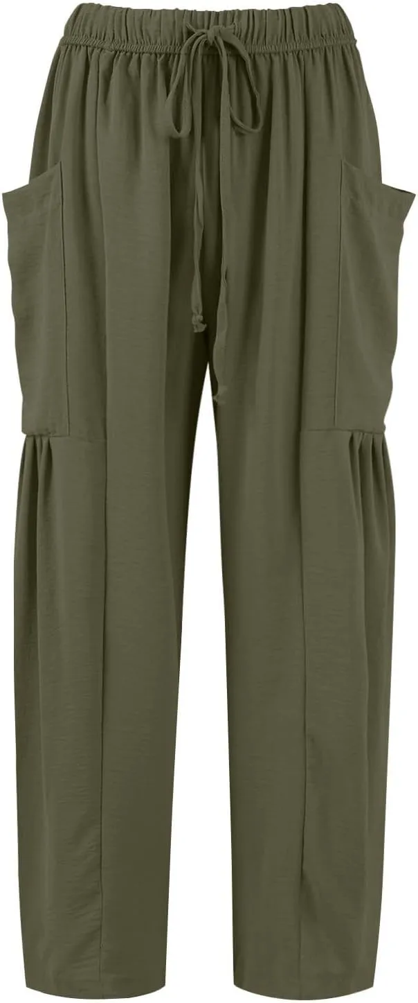 Cotton Linen Pants Women Capri Wide Leg Pants Palazzo Lounge Pant Drawstring Summer Beach Harem Pant with Pockets
