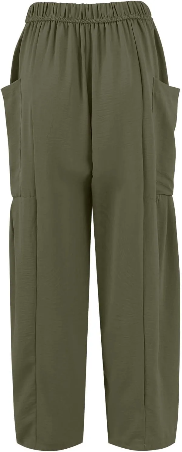 Cotton Linen Pants Women Capri Wide Leg Pants Palazzo Lounge Pant Drawstring Summer Beach Harem Pant with Pockets