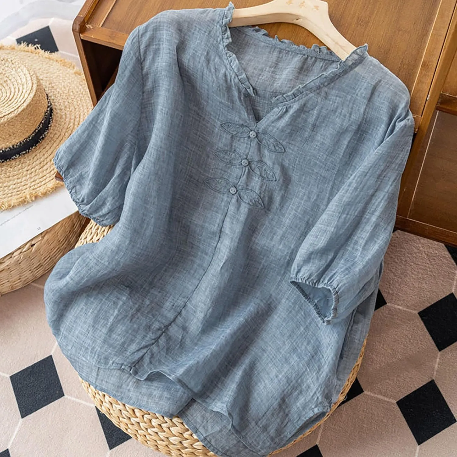 Cotton Linen Summer Tops for Women Casual Embroidery Short Sleeve T-Shirt Loose V-Neck Ruffle Trim Blouse Work Tops