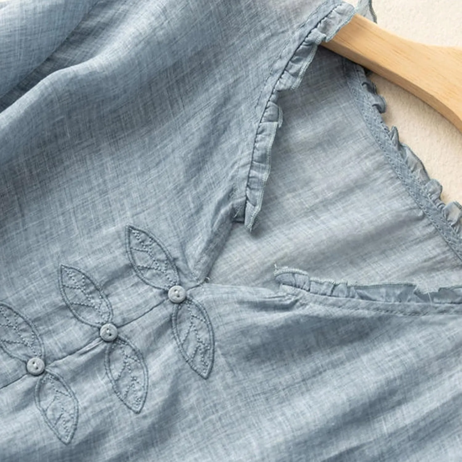 Cotton Linen Summer Tops for Women Casual Embroidery Short Sleeve T-Shirt Loose V-Neck Ruffle Trim Blouse Work Tops