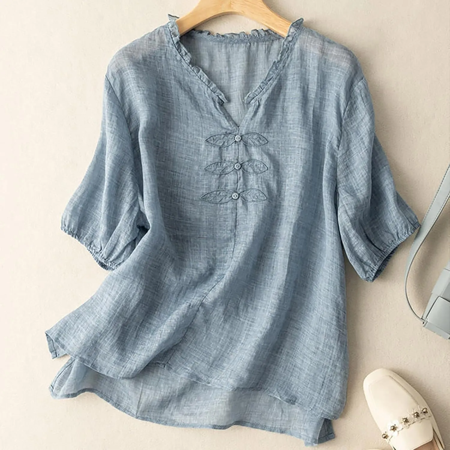 Cotton Linen Summer Tops for Women Casual Embroidery Short Sleeve T-Shirt Loose V-Neck Ruffle Trim Blouse Work Tops