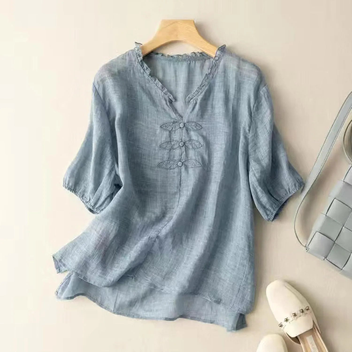 Cotton Linen Summer Tops for Women Casual Embroidery Short Sleeve T-Shirt Loose V-Neck Ruffle Trim Blouse Work Tops