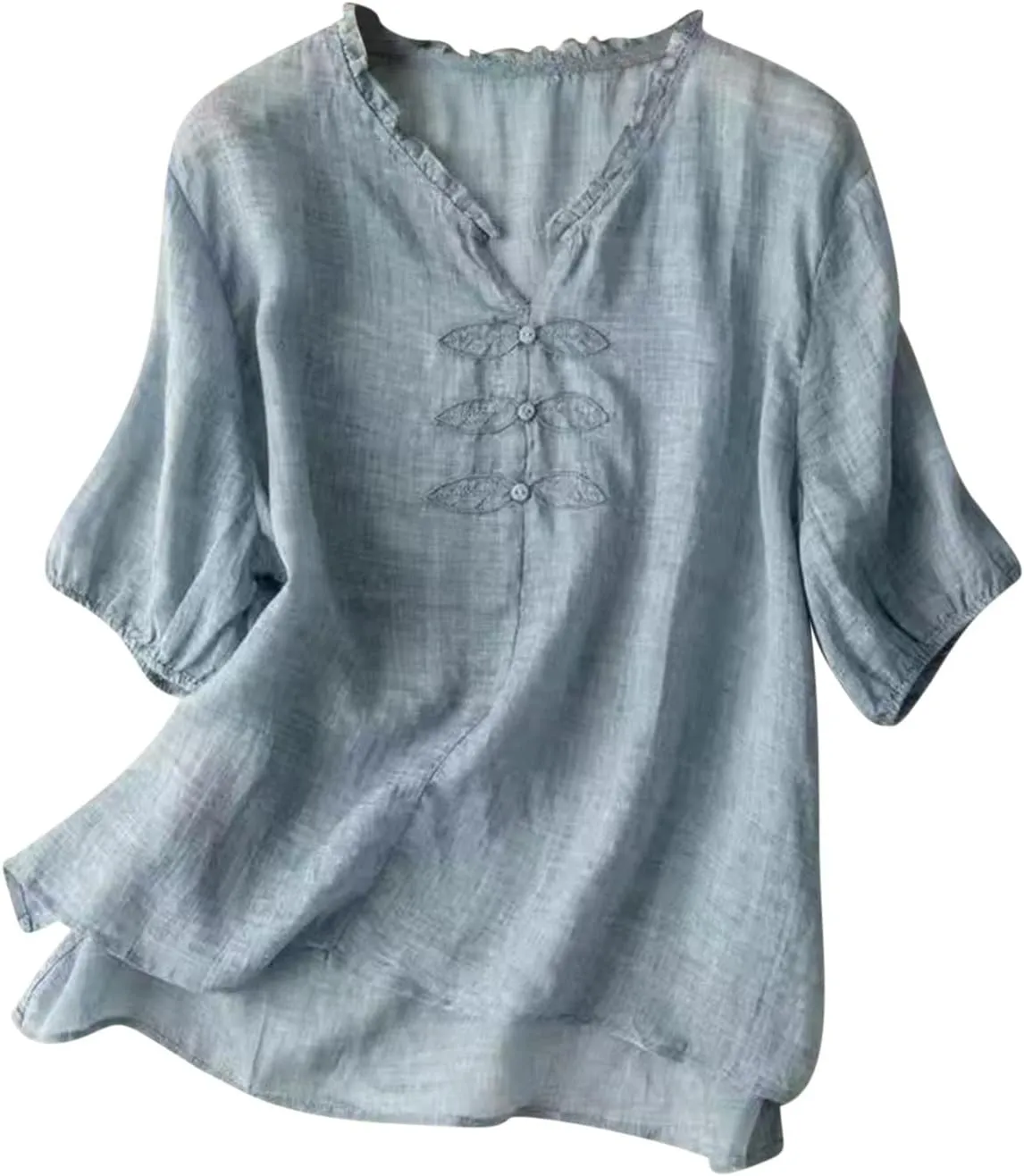 Cotton Linen Summer Tops for Women Casual Embroidery Short Sleeve T-Shirt Loose V-Neck Ruffle Trim Blouse Work Tops