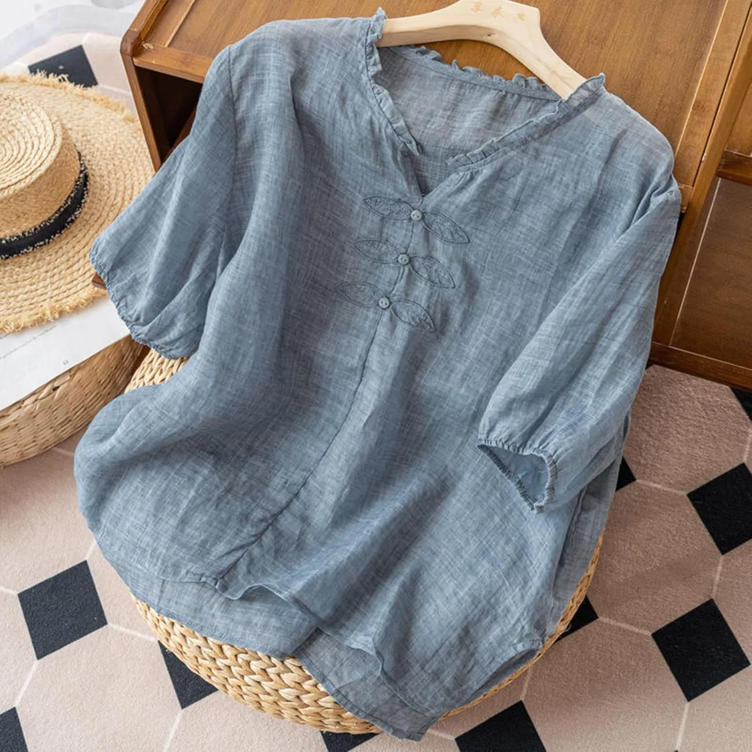 Cotton Linen Summer Tops for Women Casual Embroidery Short Sleeve T-Shirt Loose V-Neck Ruffle Trim Blouse Work Tops
