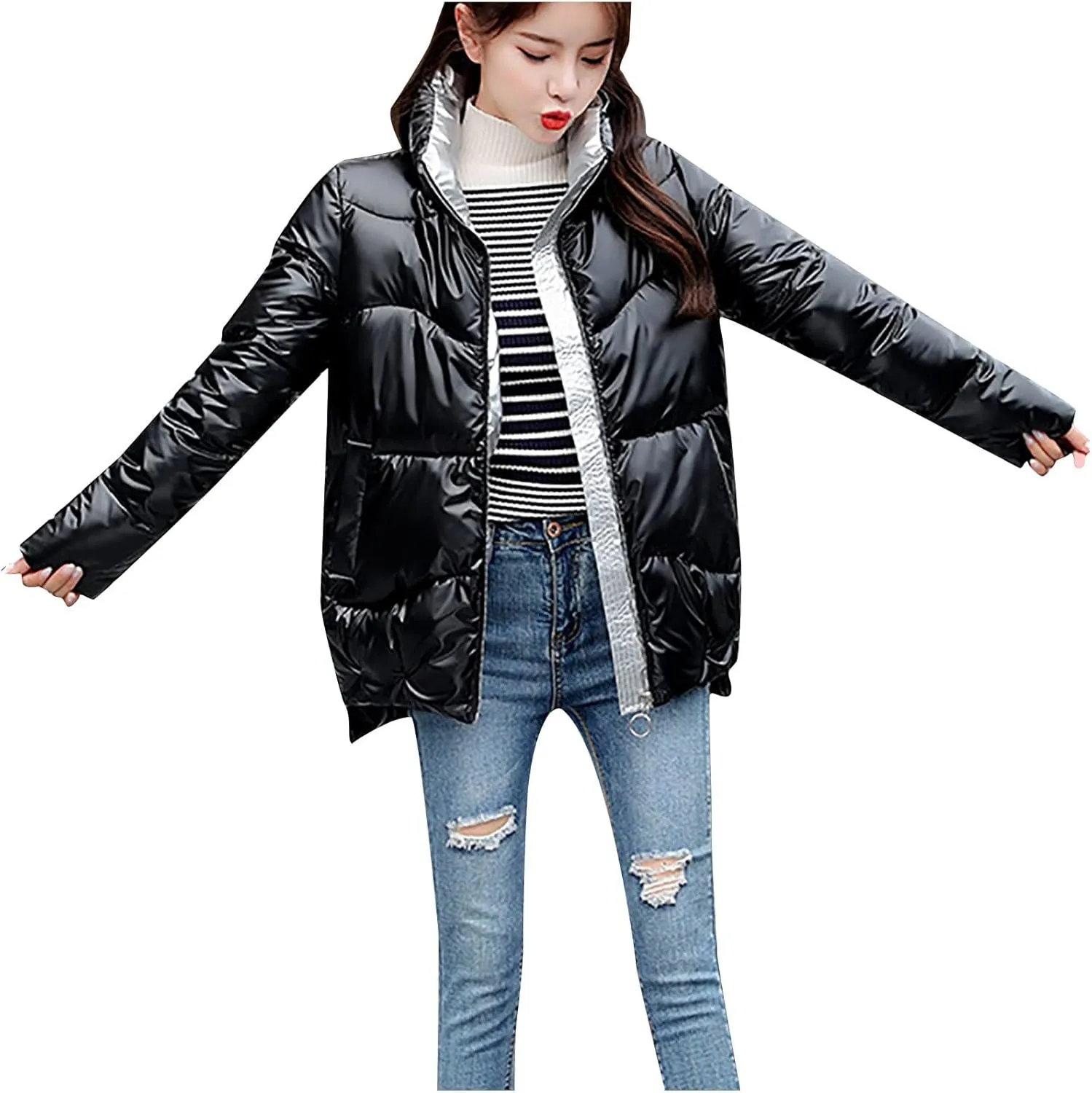 DASAYO Women Zip Up Metallic Shiny Puffer Jacket Stand Neck Outerwear Puffer Bubble Down Coat Casual Padded Outwear