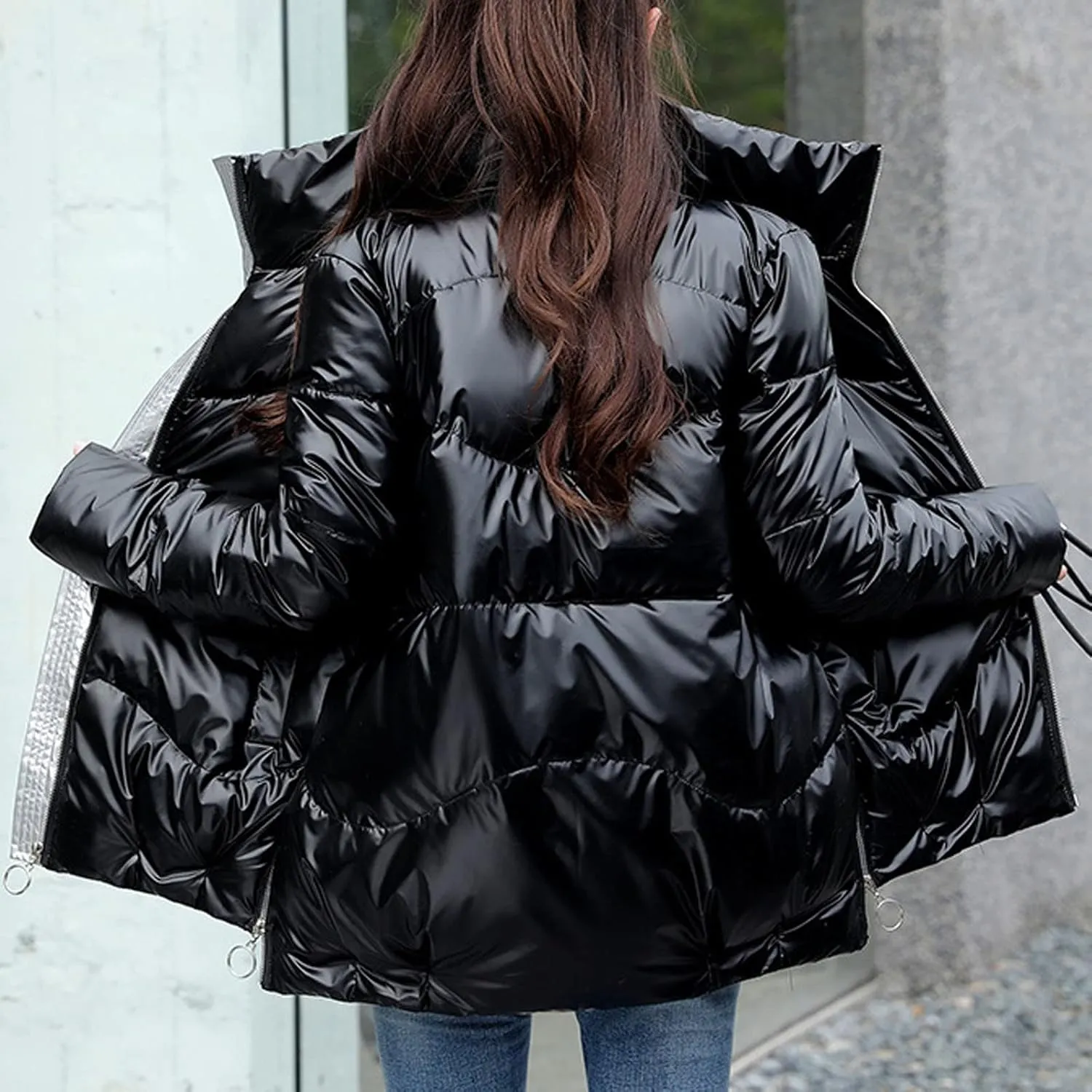 DASAYO Women Zip Up Metallic Shiny Puffer Jacket Stand Neck Outerwear Puffer Bubble Down Coat Casual Padded Outwear