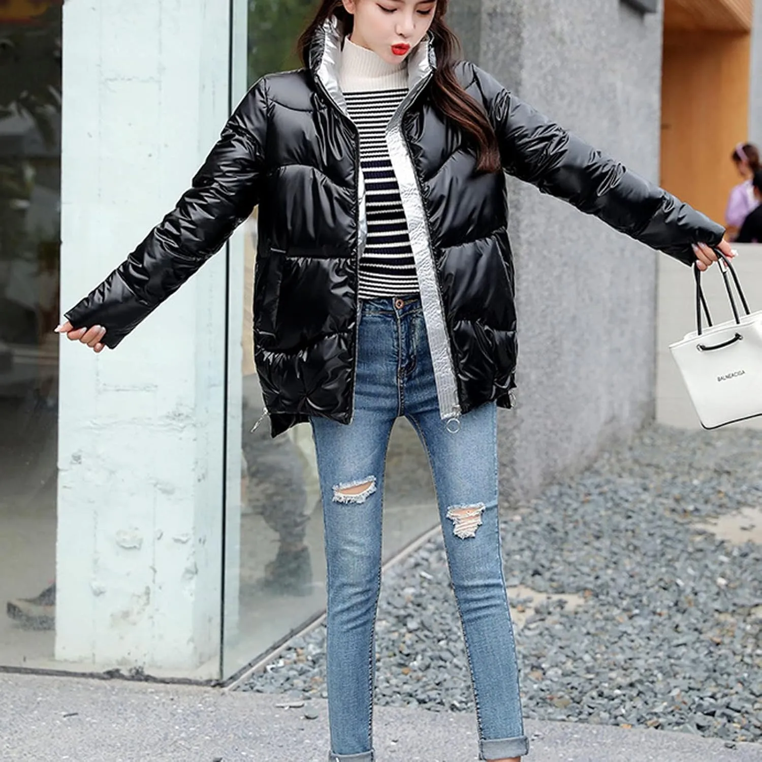 DASAYO Women Zip Up Metallic Shiny Puffer Jacket Stand Neck Outerwear Puffer Bubble Down Coat Casual Padded Outwear