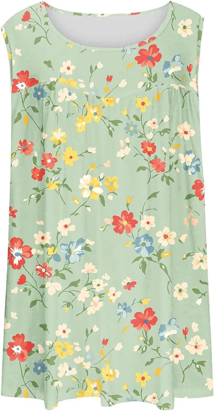 Fashion Floral Print Summer Plus Size Tank for Women, Oversized Loose Crewneck Sleeveless Shirts Pleated Comfy Clothes