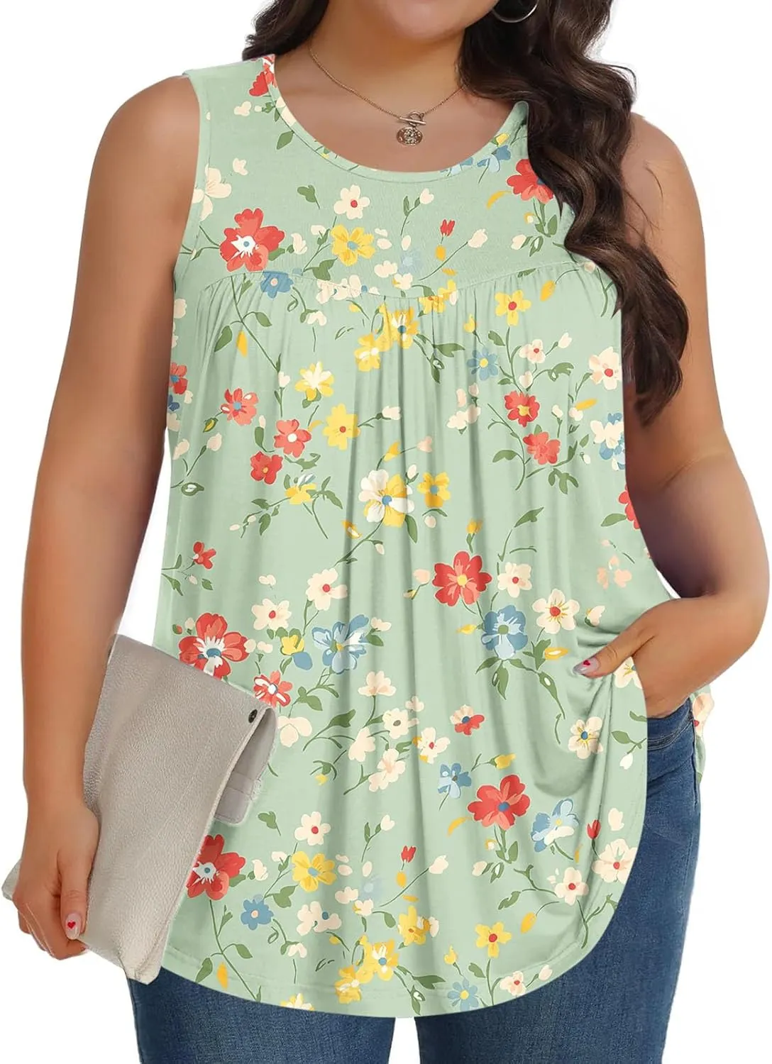 Fashion Floral Print Summer Plus Size Tank for Women, Oversized Loose Crewneck Sleeveless Shirts Pleated Comfy Clothes