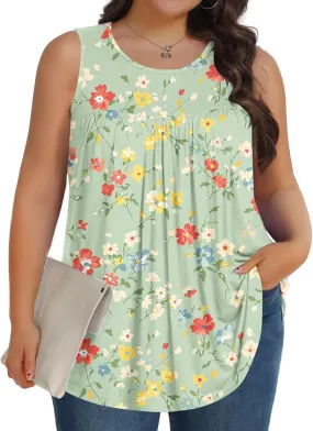 Fashion Floral Print Summer Plus Size Tank for Women, Oversized Loose Crewneck Sleeveless Shirts Pleated Comfy Clothes