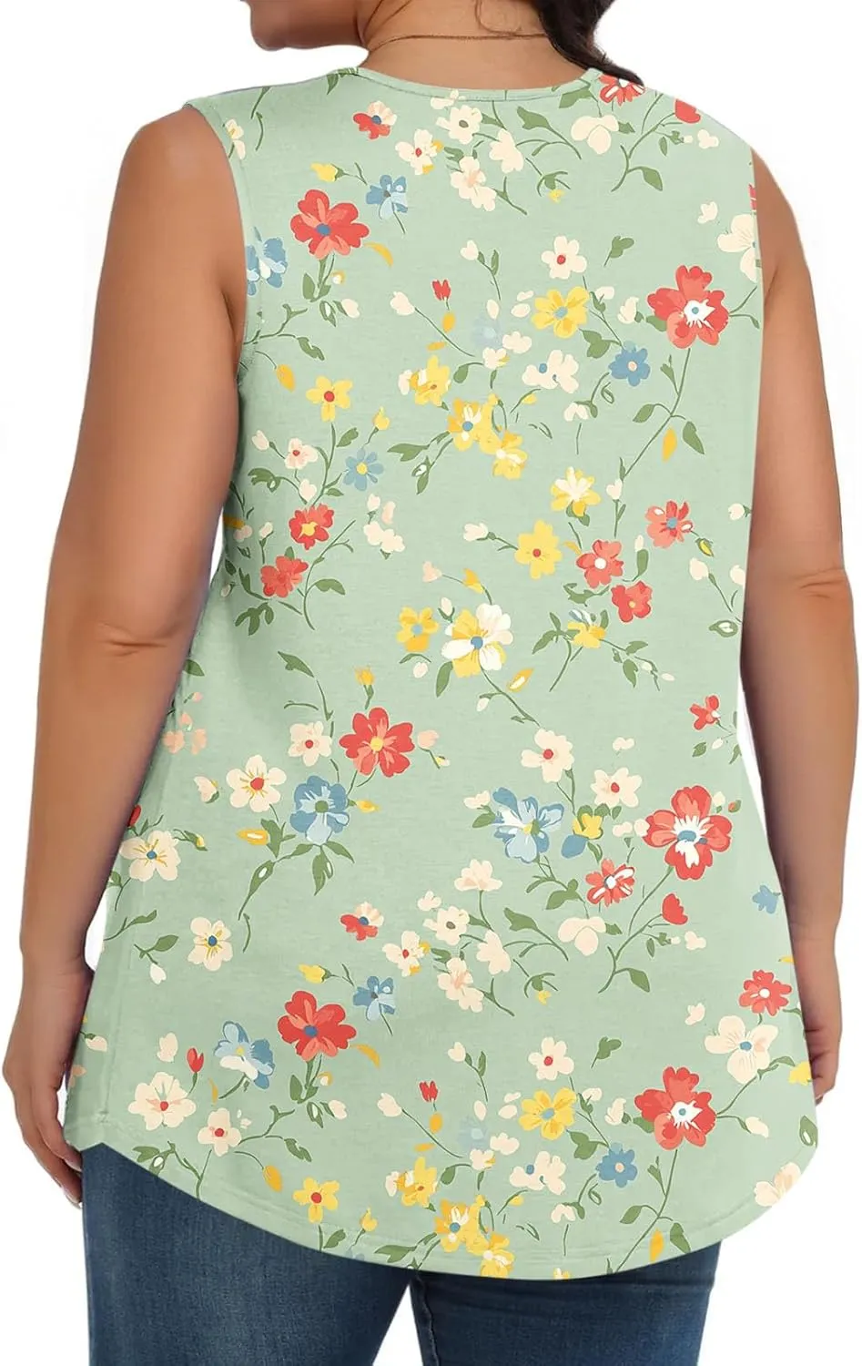Fashion Floral Print Summer Plus Size Tank for Women, Oversized Loose Crewneck Sleeveless Shirts Pleated Comfy Clothes