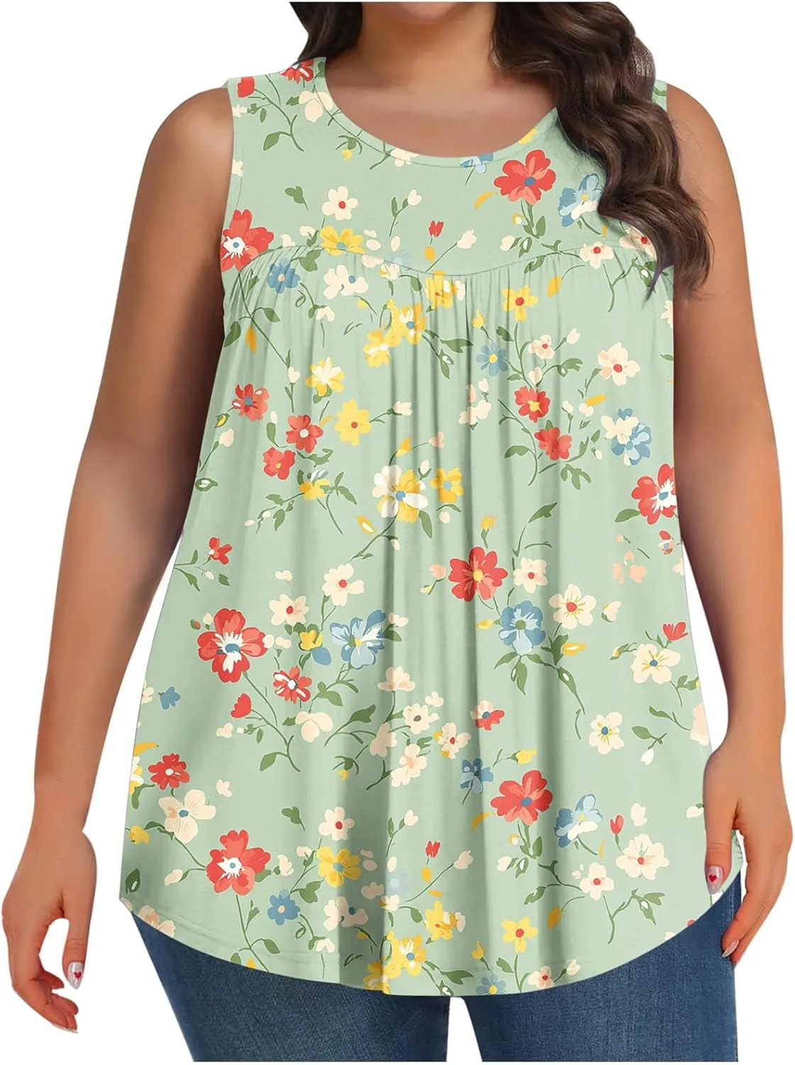 Fashion Floral Print Summer Plus Size Tank for Women, Oversized Loose Crewneck Sleeveless Shirts Pleated Comfy Clothes