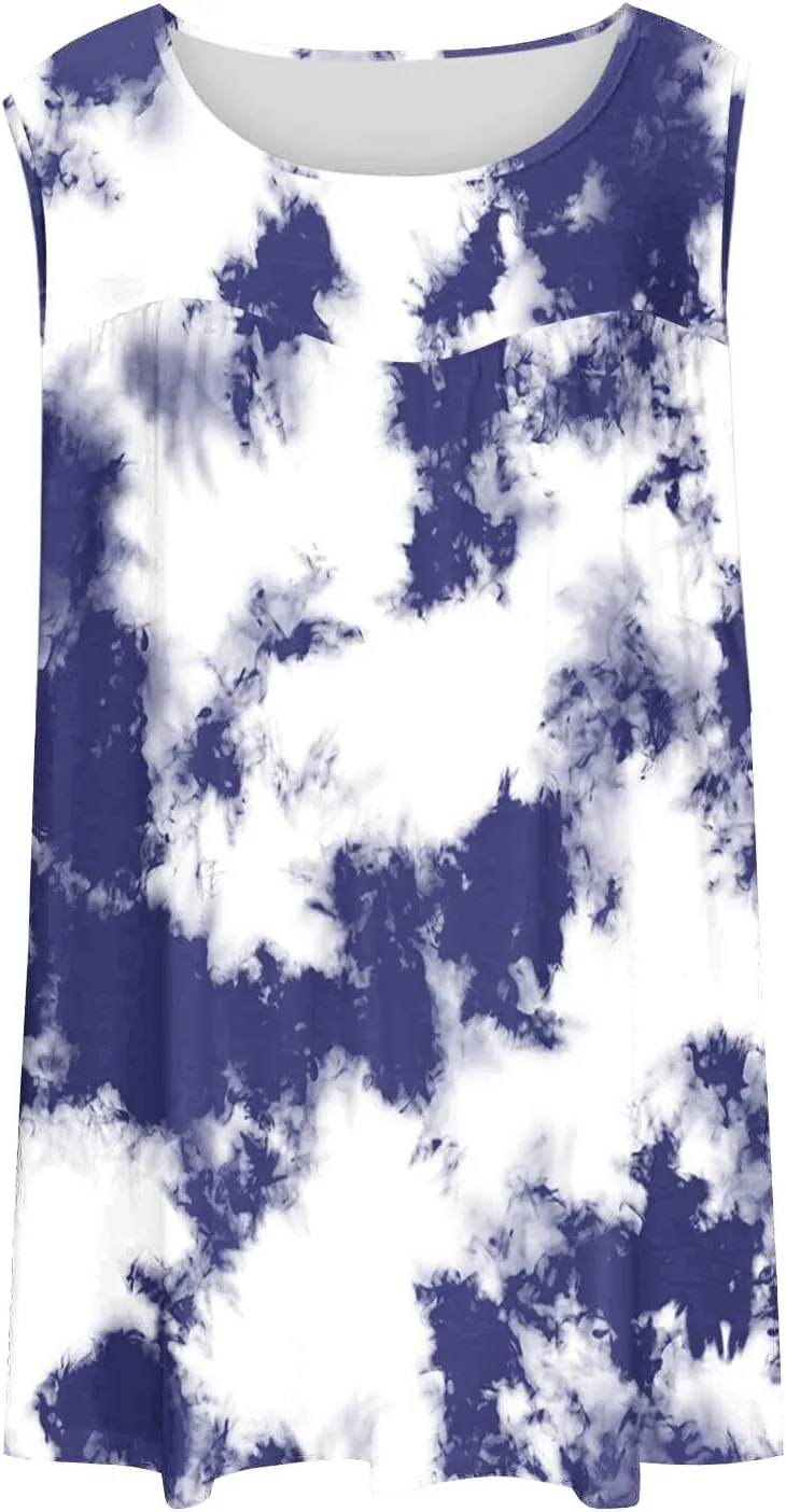 Fashion Tie Dye Print Summer Sleeveless Shirts for Women, Plus Size Loose Casual Tank Top Pleated Crew Neck Comfy Tops