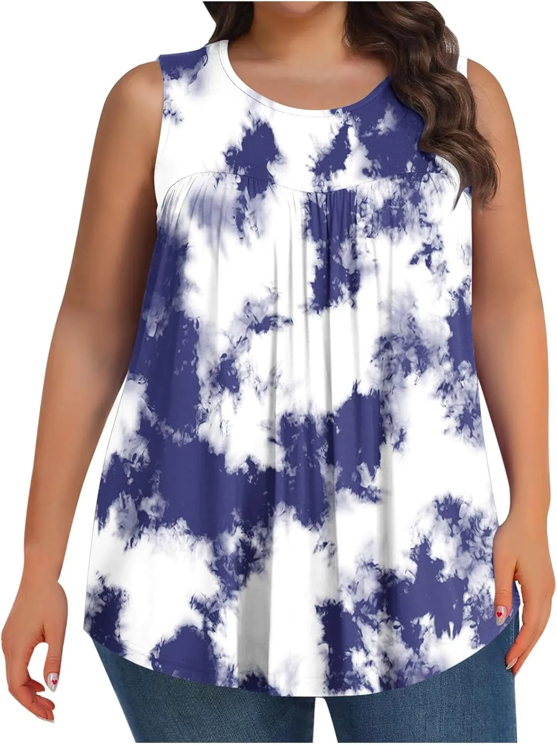 Fashion Tie Dye Print Summer Sleeveless Shirts for Women, Plus Size Loose Casual Tank Top Pleated Crew Neck Comfy Tops
