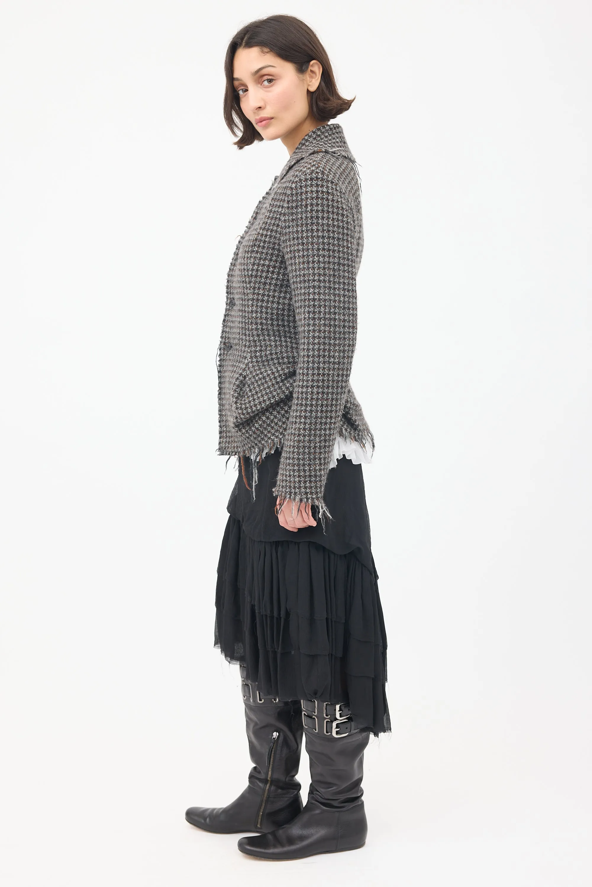 FW 2003 Grey & Brown Wool Tweed Fringed Jacket