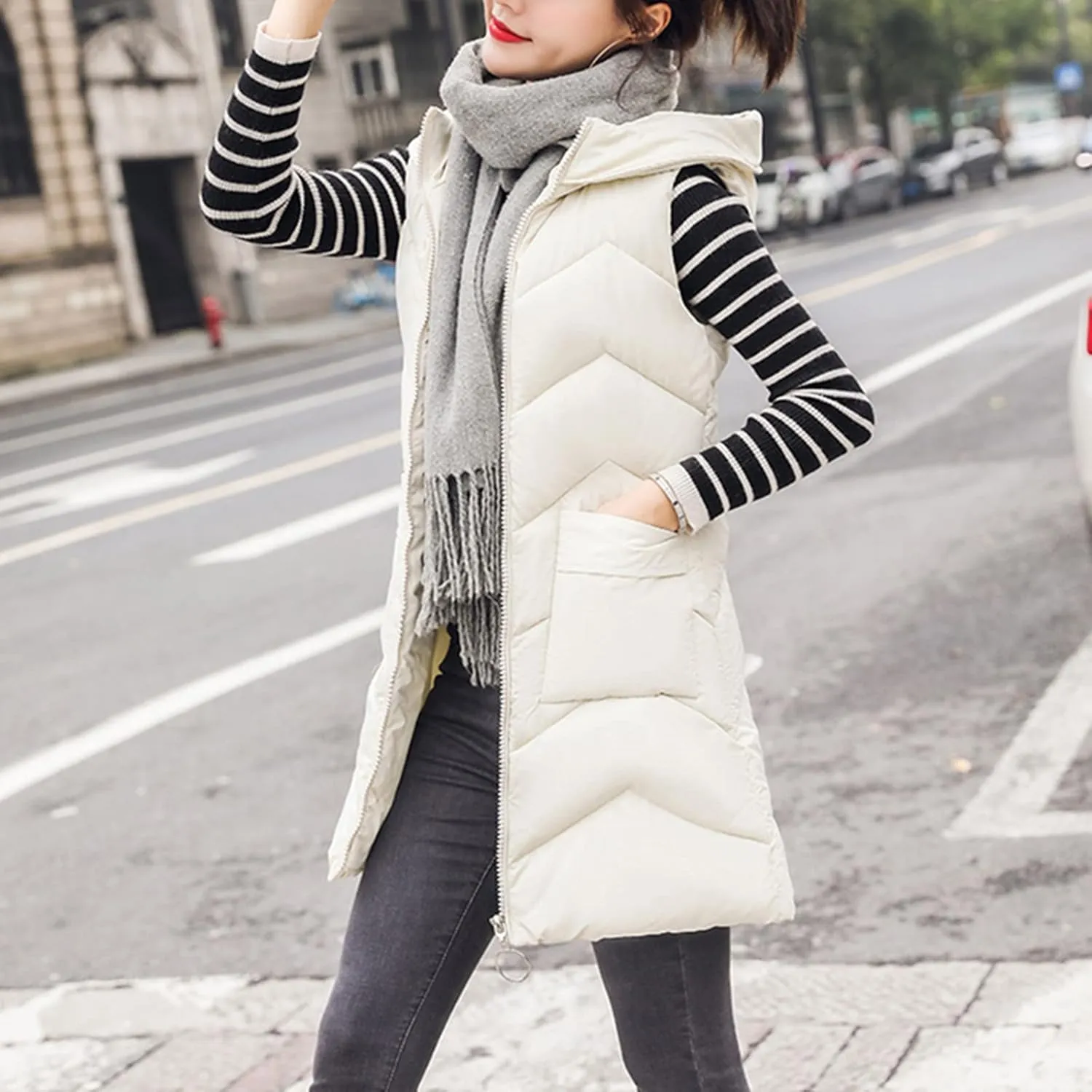 iQKA Women Puffer Down Vest Winter Warm Coat Sleeveless Zipper Quilted Jacket Mid Long Hooded Outwear with Pocket