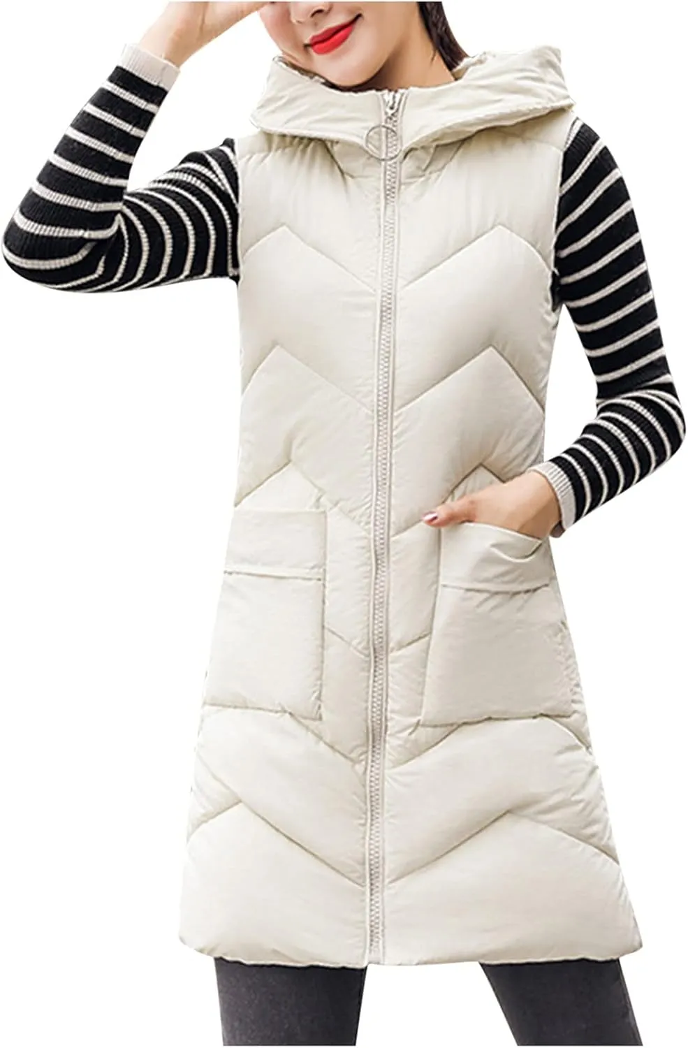 iQKA Women Puffer Down Vest Winter Warm Coat Sleeveless Zipper Quilted Jacket Mid Long Hooded Outwear with Pocket