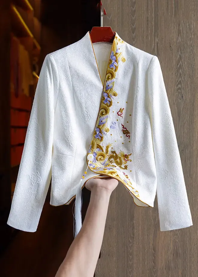 Jacquard Black Embroideried Button Patchwork Silk Tops Fall ML1359