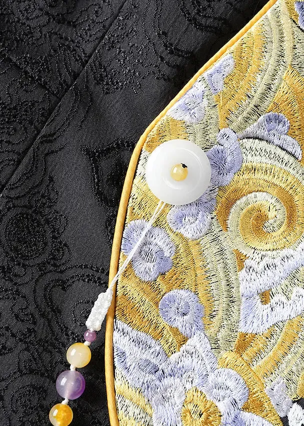 Jacquard Black Embroideried Button Patchwork Silk Tops Fall ML1359