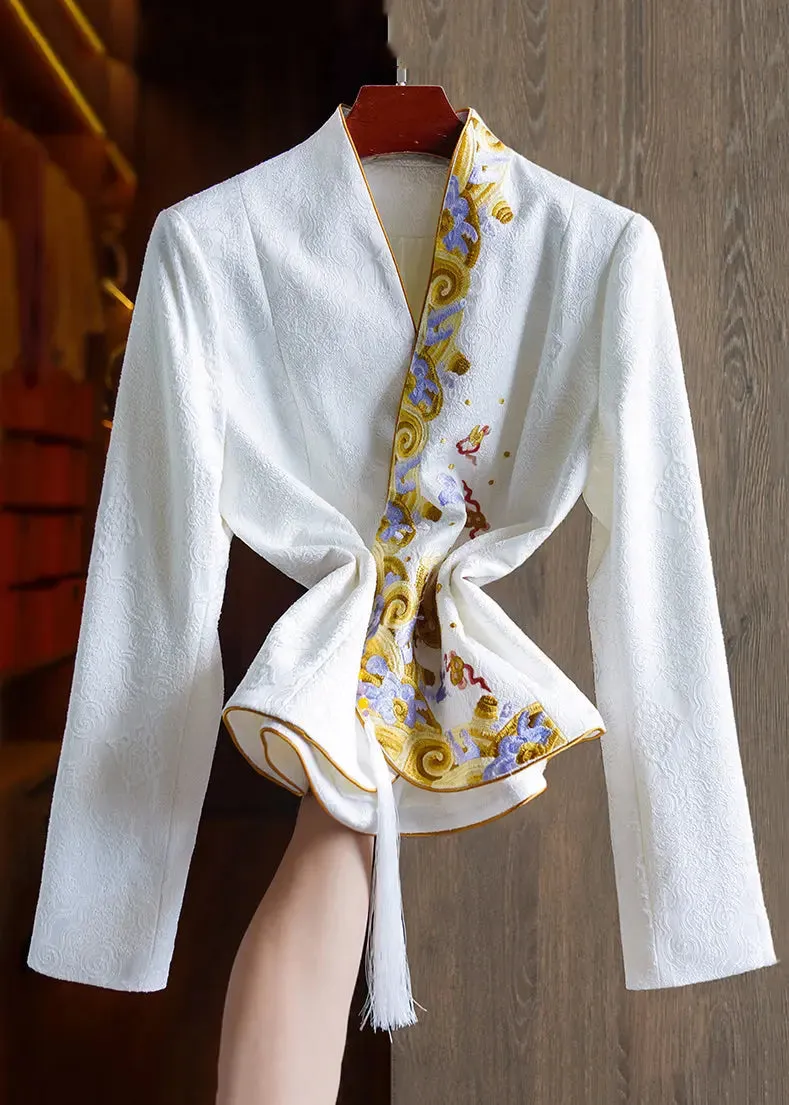 Jacquard Black Embroideried Button Patchwork Silk Tops Fall ML1359