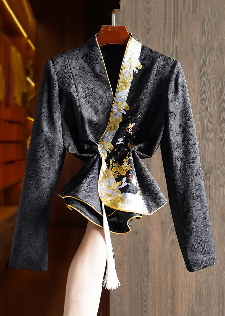 Jacquard Black Embroideried Button Patchwork Silk Tops Fall ML1359
