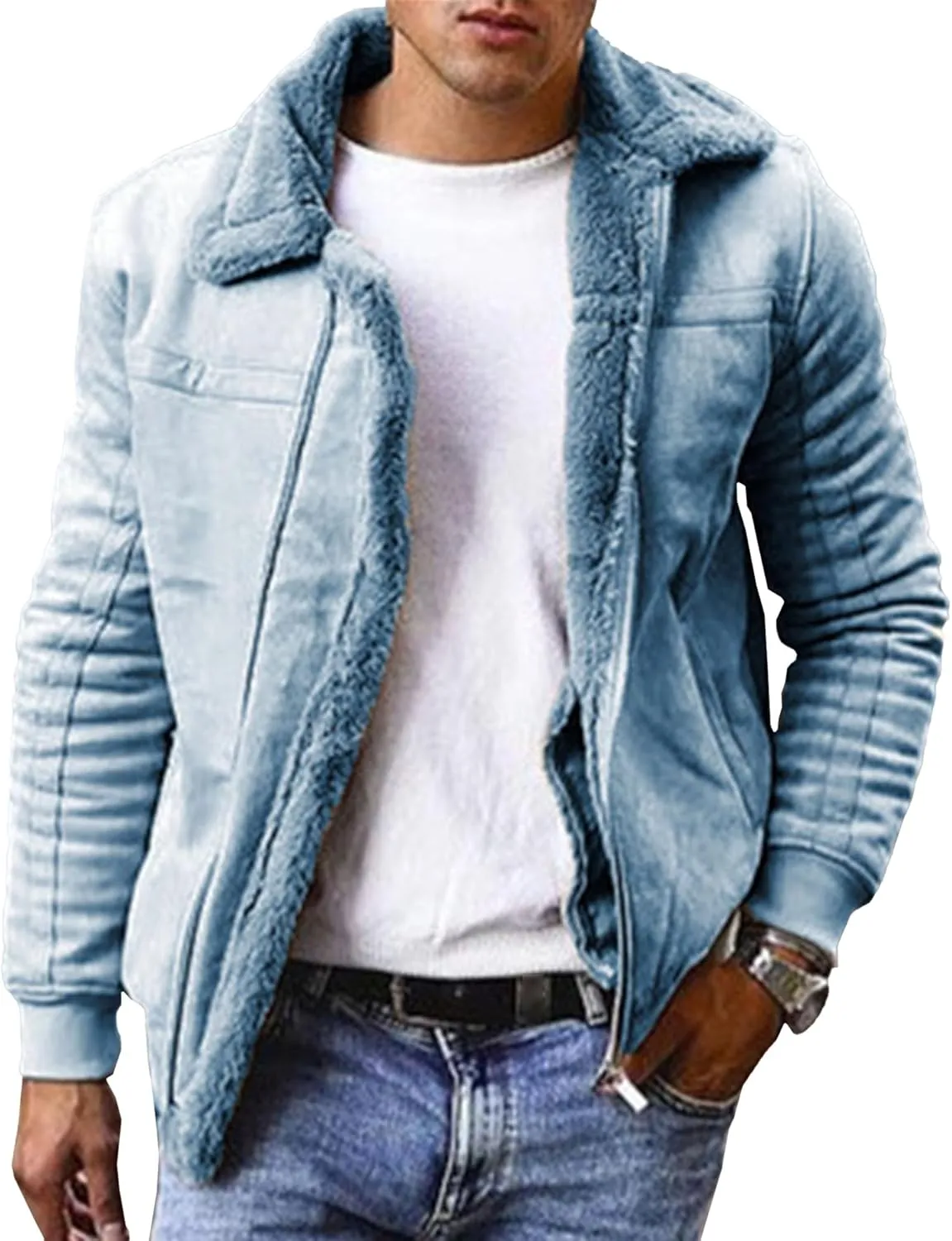 Men's Fleece-Lined Thermal Winter Coats Zipper Fur Collar Thicken Sherpa Jacket Windproof Outdoor Cotton Jackets